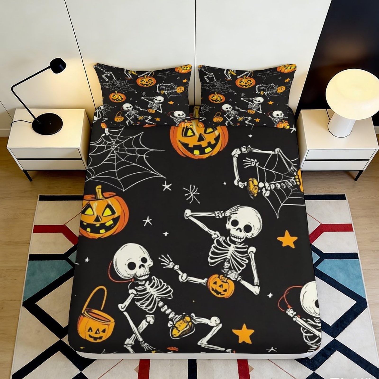 3D Printed Halloween Skeleton Fitted Sheet Microfiber Soft Pumpkin Spider Bed Cover for Bedroom Dorm Easy Care Decor 90x200x25cm