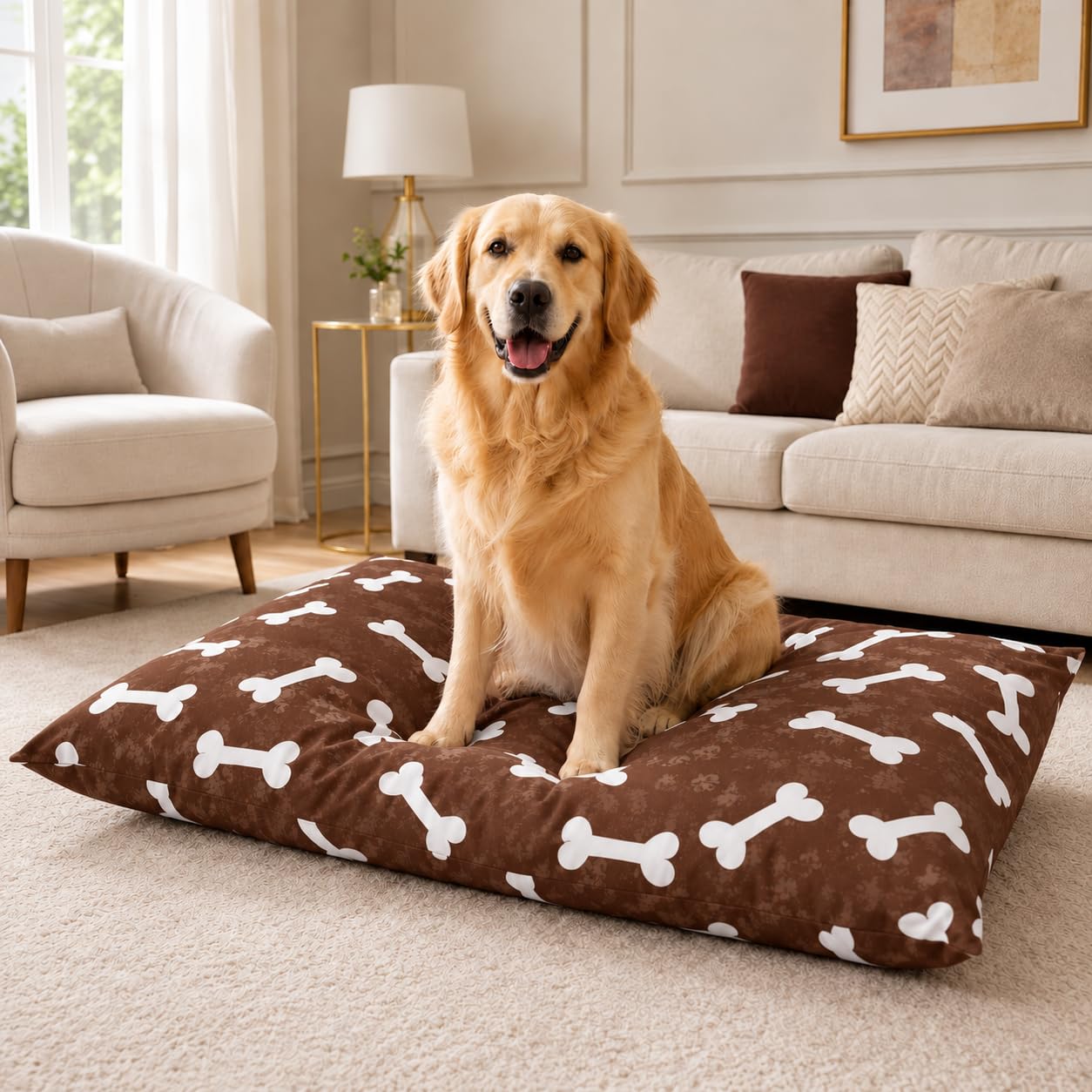 adsin Large Dog Bed Zipped Removable & Washable Pet Cushion Cover Only (Brown Bone, Large (27" x 38") Inch)