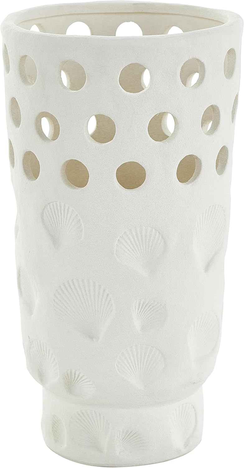 Deco 79 Ceramic Shell Decorative Vase Centerpiece Vase with Circular Cutouts, Flower Vase for Home Decoration 7" x 7" x 13", White