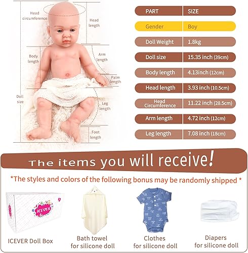 Miniatura 4 de Muñecas de bebé Reborn de silicona de cuerpo completo con ojos abiertos de 15.3 pulgadas, realista de silicona, simulador de bebé recién nacido,