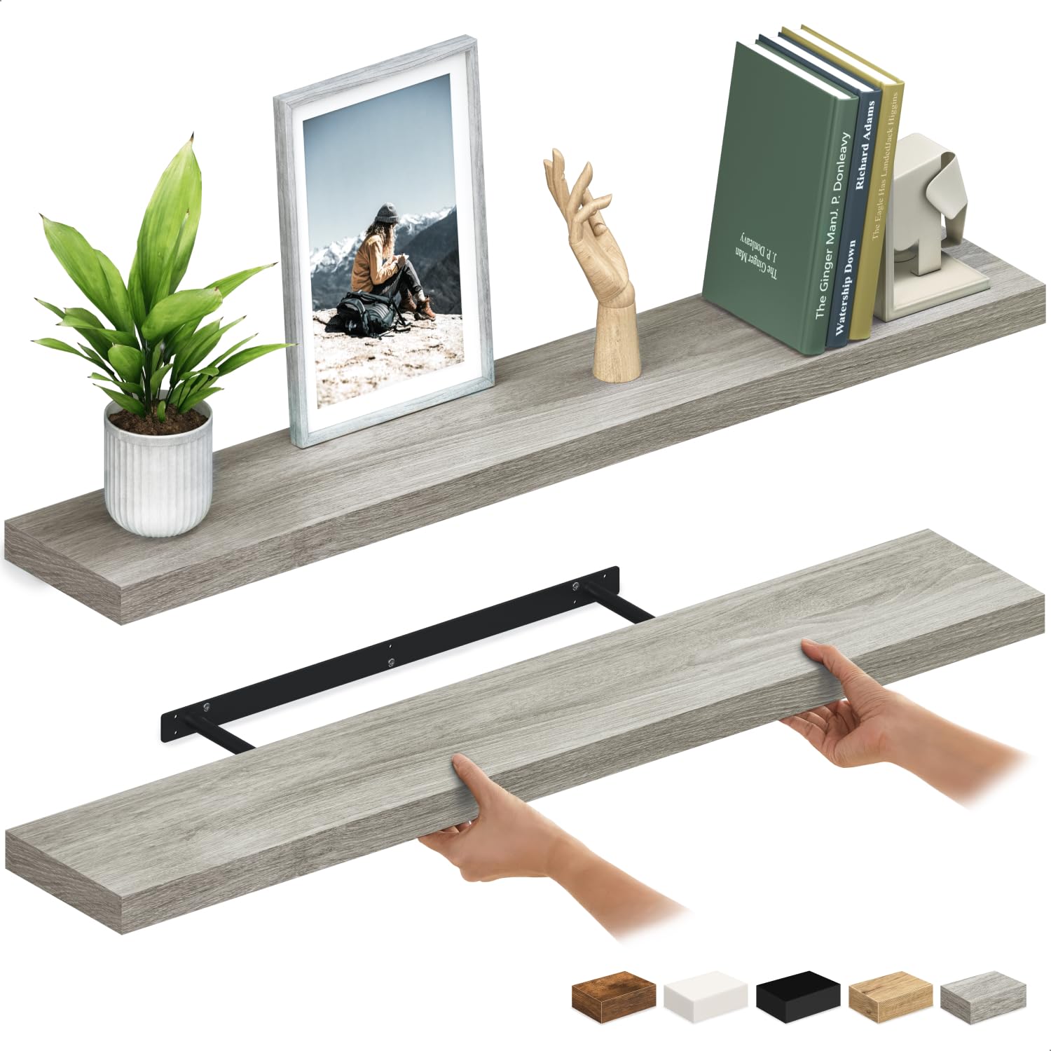 Ballucci Floating Shelves for Wall, 48" Wood Wall Shelf Set of 2, with Invisible Brackets for Bathroom, Living Room, Bedroom, Kitchen, Nursery, 8"
