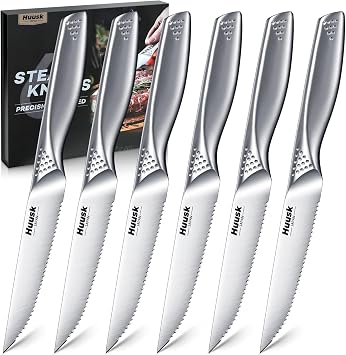 Huusk Steak Knives Set of 6-4.5 Inch Serrated Dinner Knife with Gift Box, One-Piece Stainless Steel Dinnerware Design with Ergonomic Metallic Handle, Silver Stake Knife Set for Culinary BBQ
