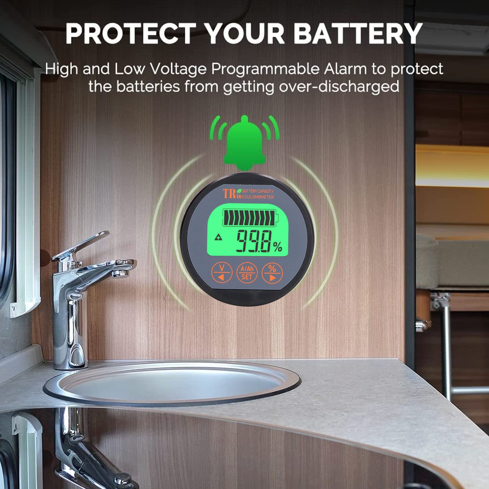 Battery Monitor, Battery Voltage Indicator 100V 350A LCD Digital Multifunctional ABS Voltmeter LCD Display for Marine Boat
