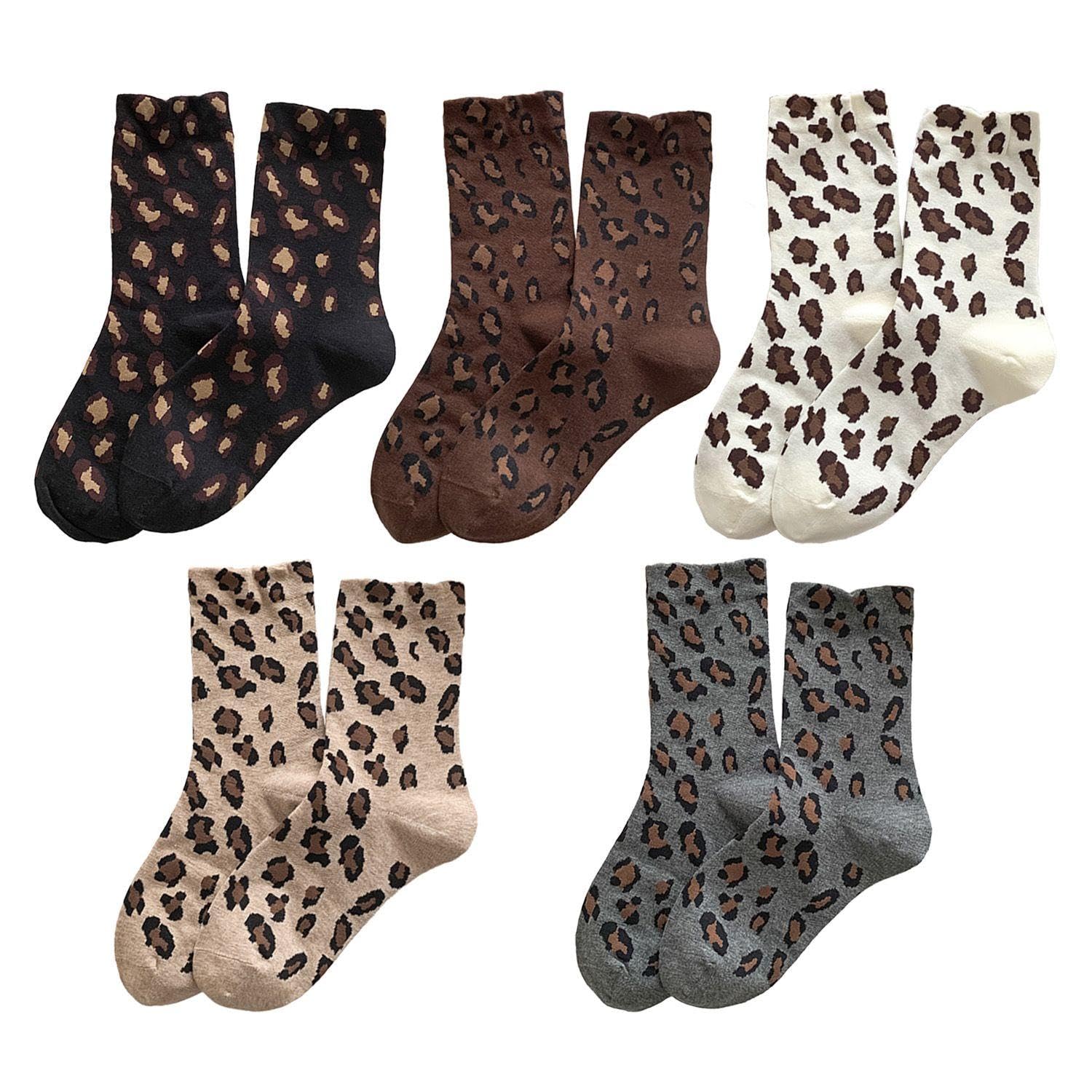 Rnfksu Unisex Multicolor 5 Pairs Of Striped Socks, Women's Leopard Socks, Fashion Leopard Ankle Socks, Breathable Cotton Socks, Daily Casual Socks.