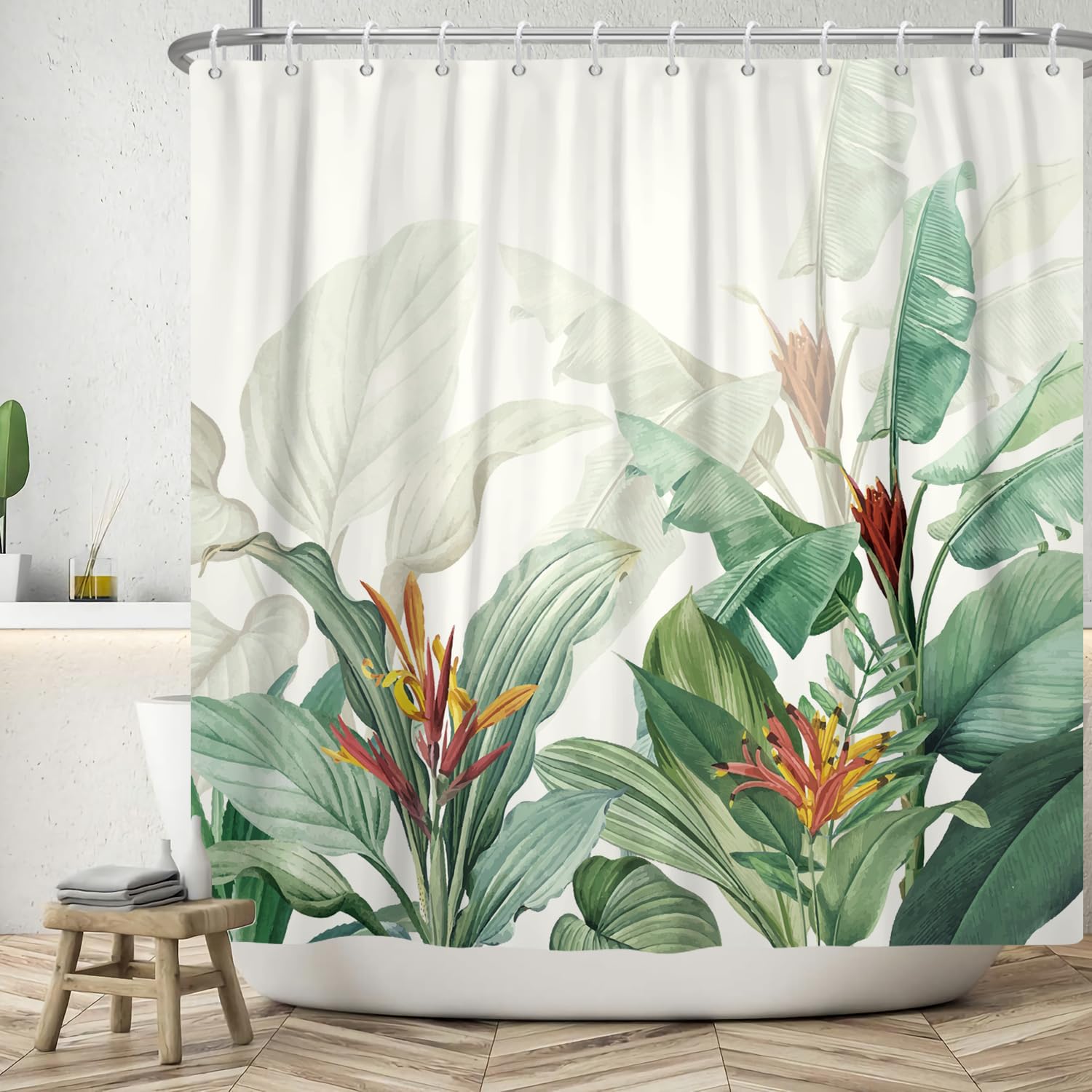 ASDCXZ Leaves Shower Curtain 240x180 cm, Hand Painted Tropical Green Leaves Red Yellow Flowers White Bath Washable Shower Curtains Polyester Textile Waterproof Bath Curtain for Bathtub with 12 Hook