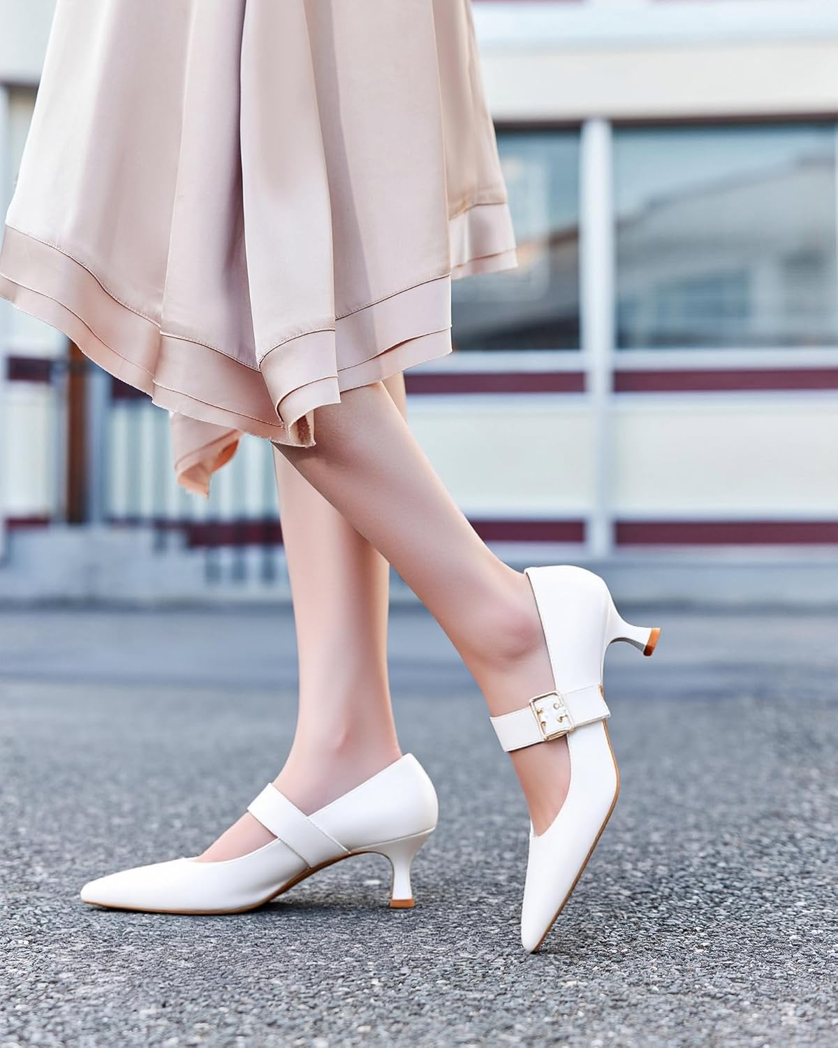 Coutgo Womens Kitten Heels Mary Jane Shoes Closed Pointed Toe Dress Shoes Buckle Work Office Pump Shoes - Image 2