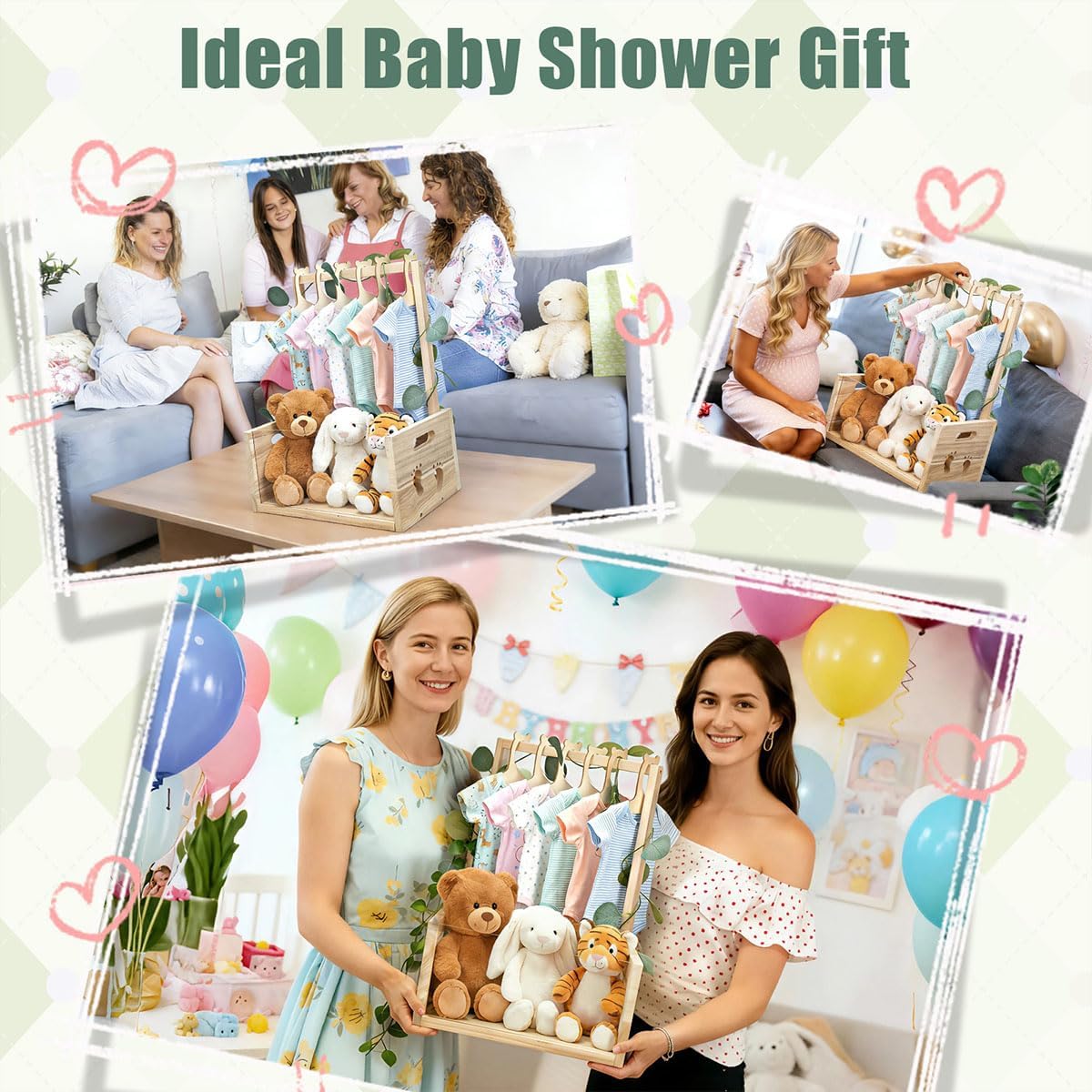Okydoky Wooden Baby Shower Crate Closet, Gift Basket with Handle, with Clothes Hanger and Garland, Personalized Baby Shower Basket for Pregnant New Parents NO.LPL-YAKELI