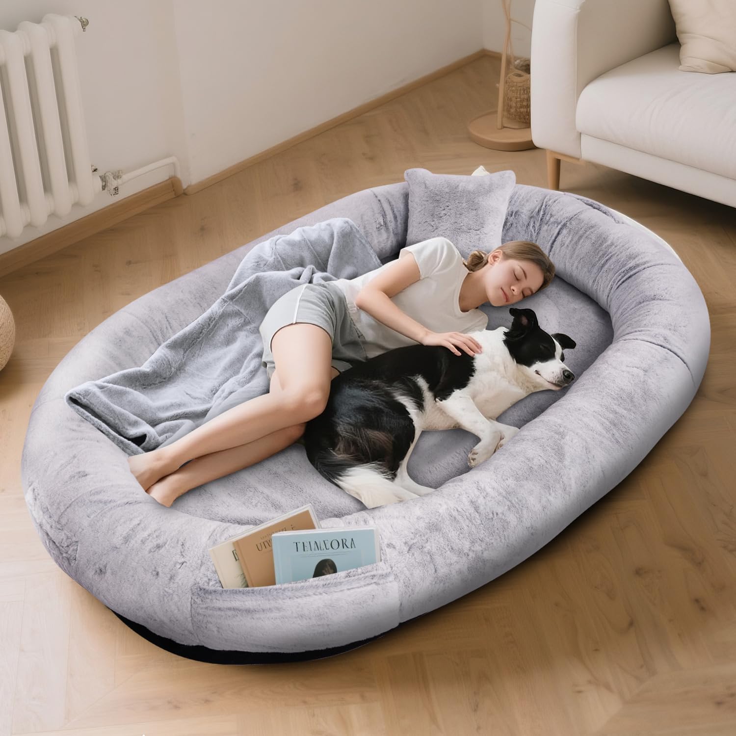 FURRYFECTION Human Dog Bed 71" x 45" x 14", Human-Sized Large Dog Bed Fits Adults and Pets, Washable Faux Fur Cover Giant Beanbag Bed, Napping