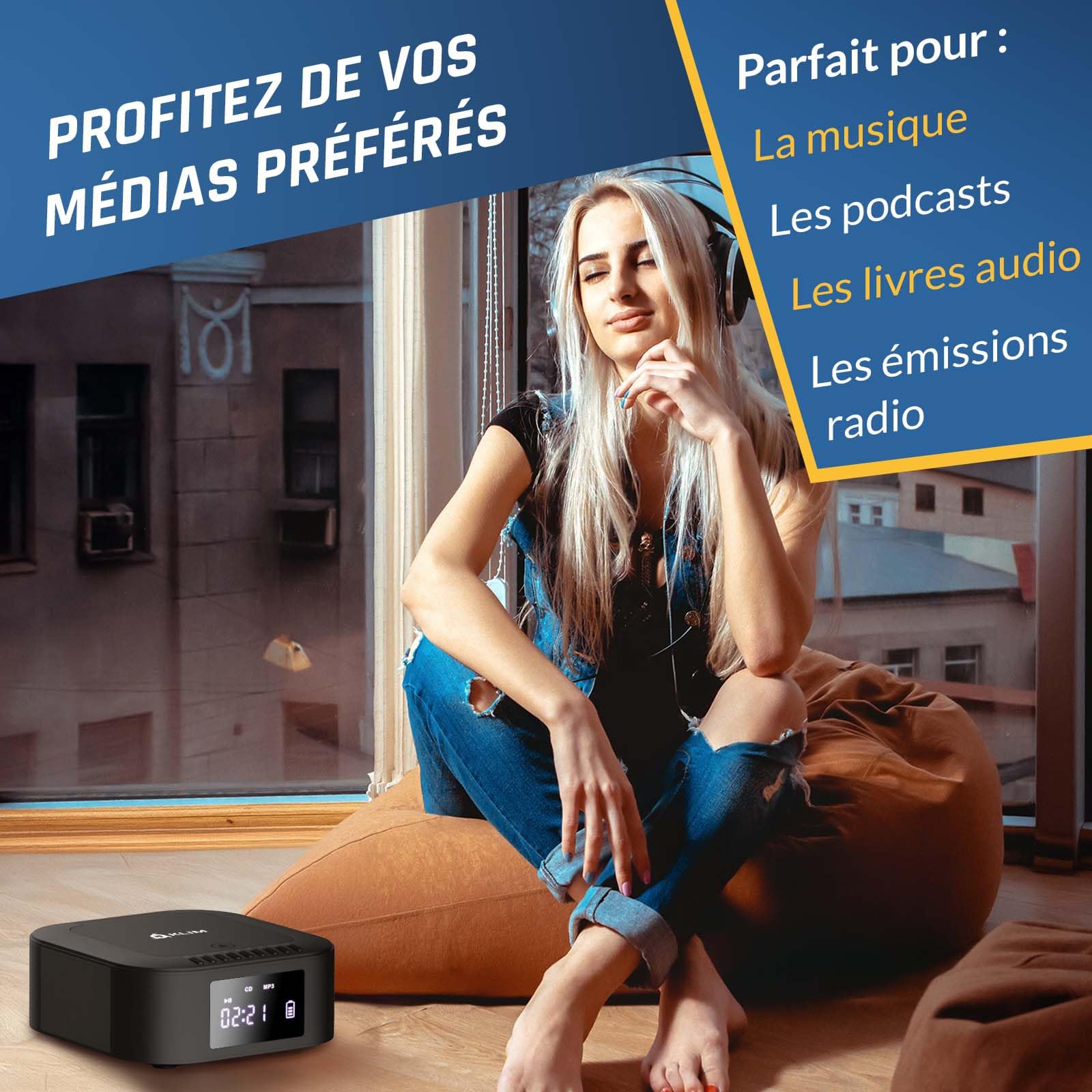 KLIM Boombox E1 - Poste Radio CD Portable - Extra Bass avec Subwoofer - Radio FM, CD, Bluetooth, USB, Bluetooth, MP3 - Mode Filaire et sans Fil avec Piles Rechargeables - Télécommande - Noir/Argent