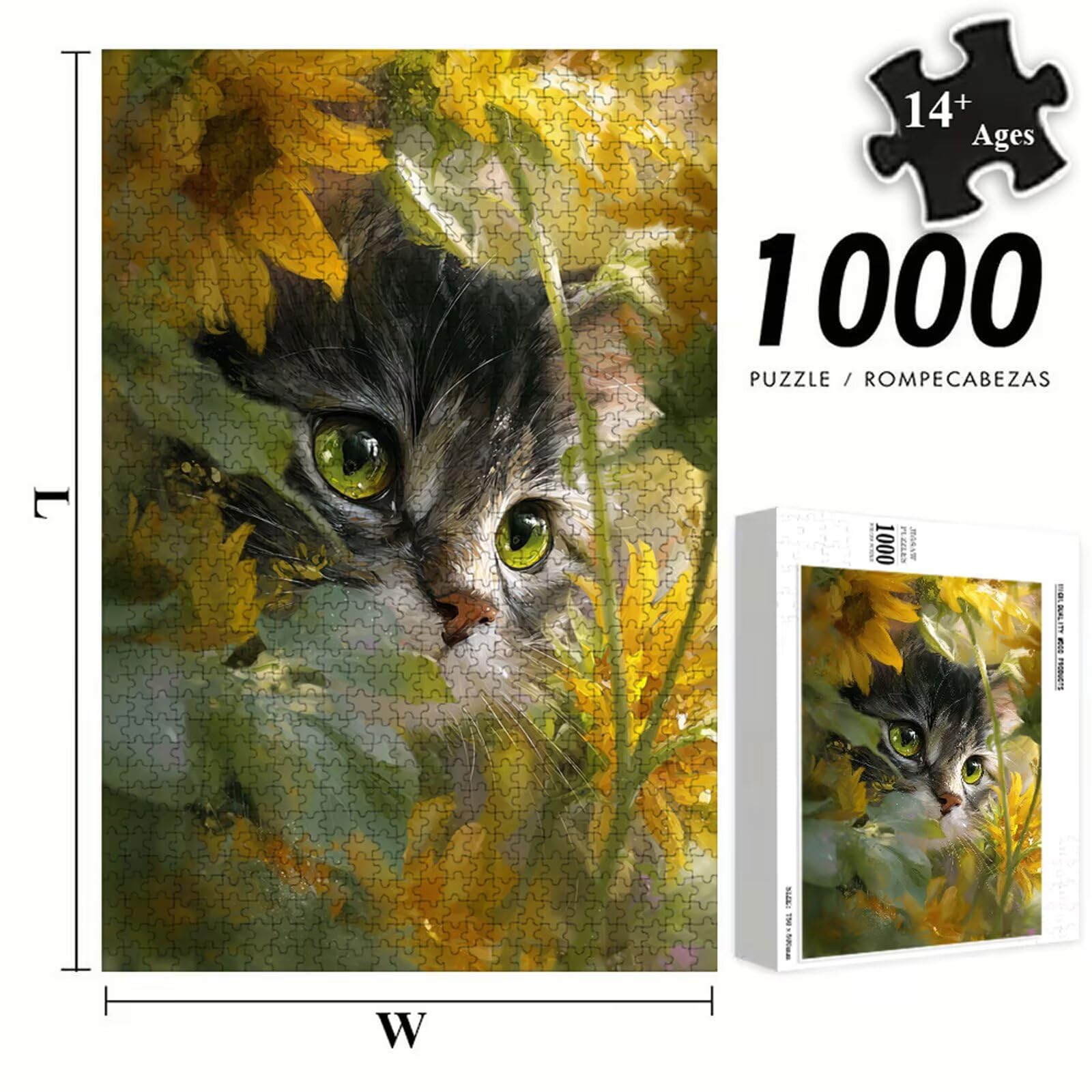 Puzzle Adulti - Gatto & Flower - 1000 Pezzi Fabbricazione in Legno Robusto - Decorazione Murale con Poster - Prodotto Riservato ad Adulti e 14 Anni in Su (75x50cm) P3#1241