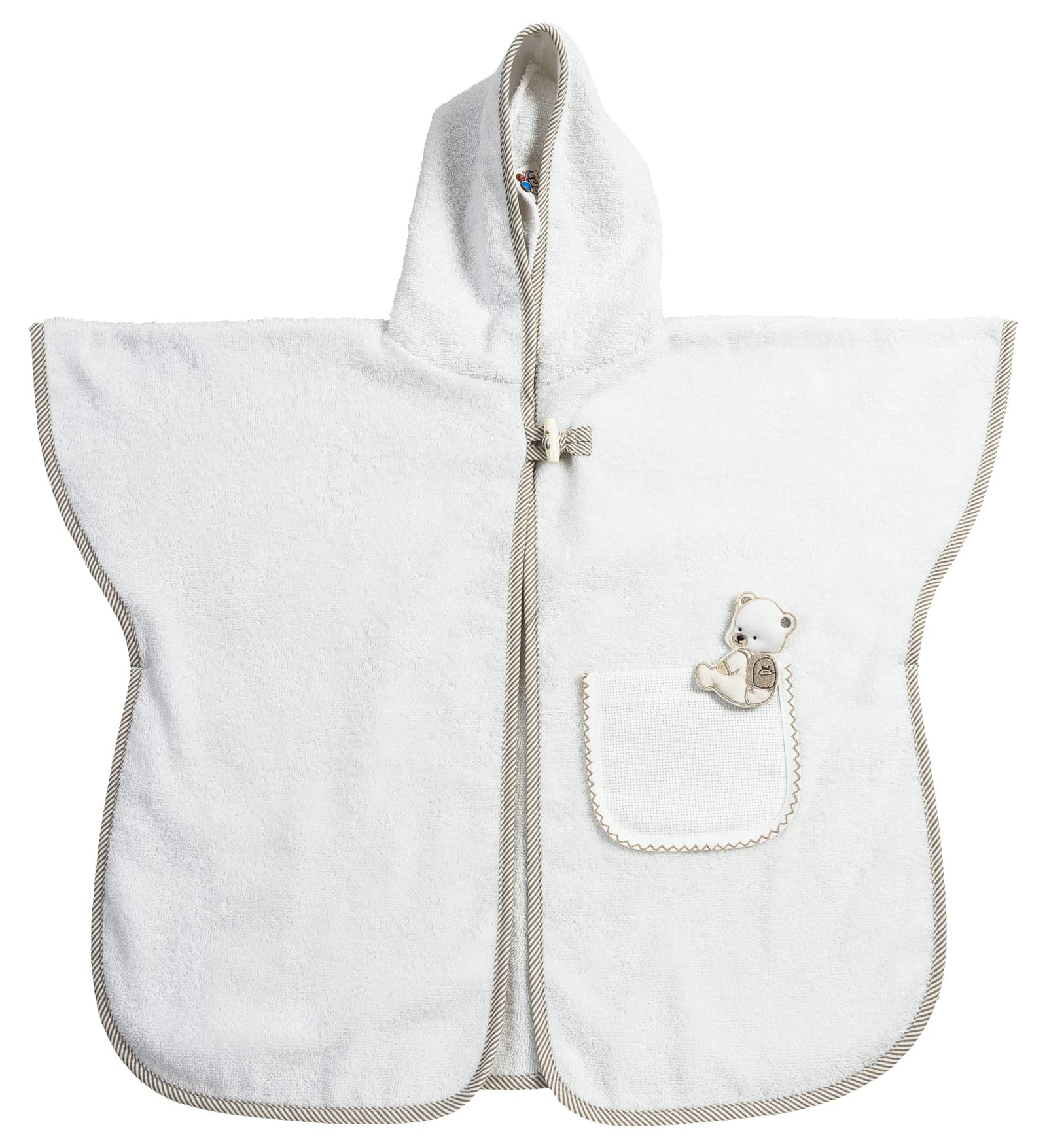 Filet - Poncho de baño para bebés y niños de hasta 2 años, albornoz con capucha de esponja de algodón, bolsillo de lona Aida para bordar, fabricado en Italia, talla única, blanco y taupe