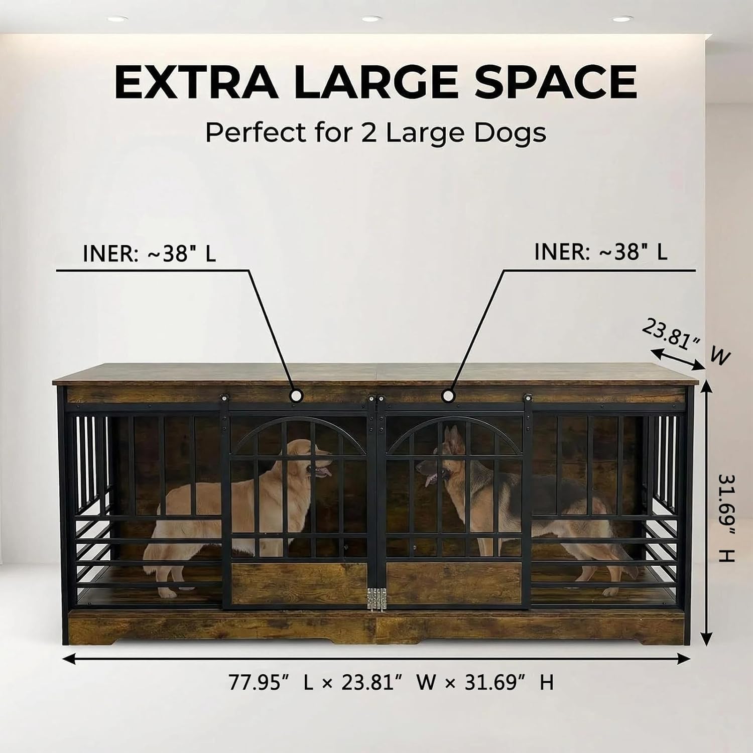 78" Extra Large Dog Crate Furniture for 2 Dogs, Double Wooden XL Indoor Kennel with Divider, Heavy Duty Farmhouse Dog Cage End Table TV Stand for Large Breeds – Cognac Brown
