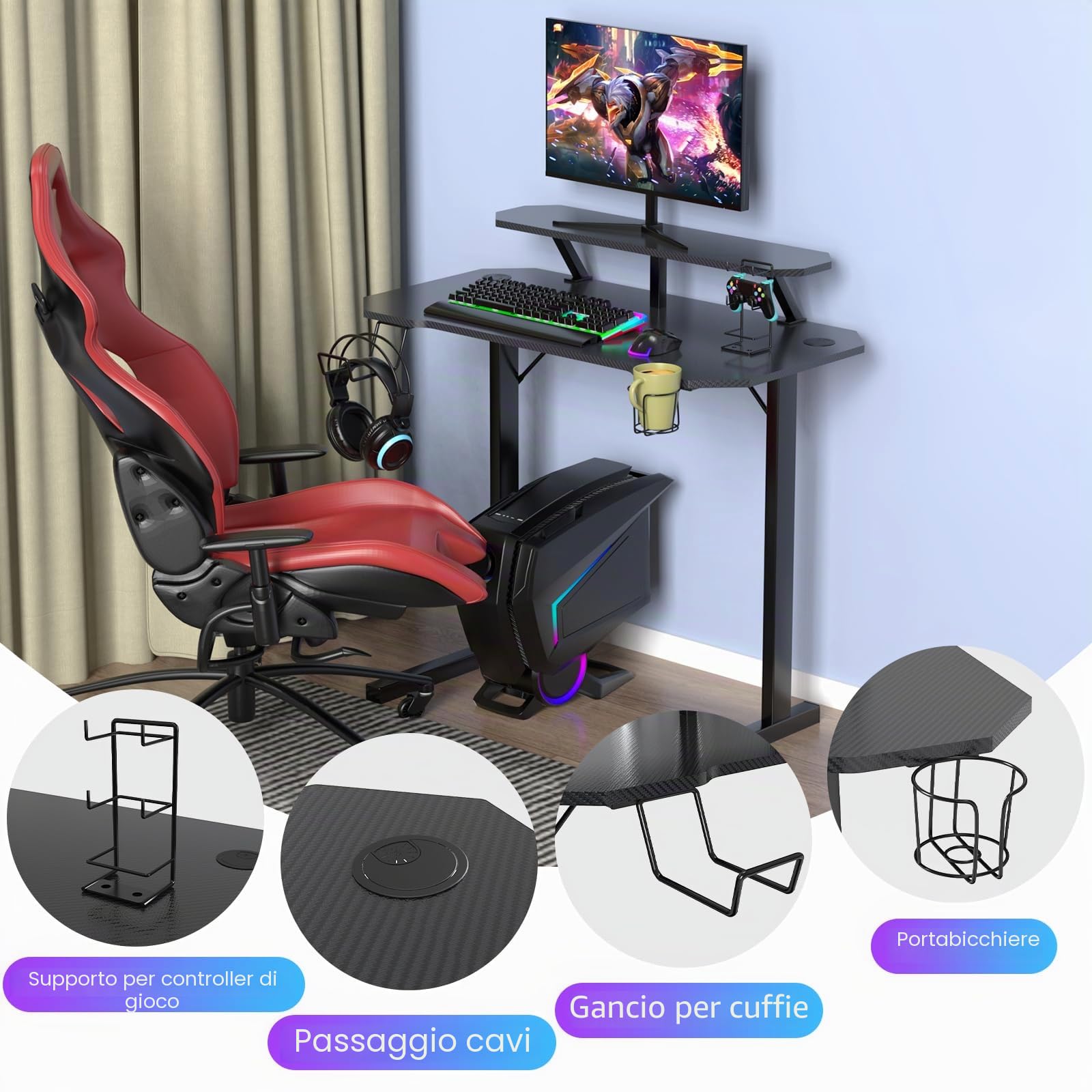 Scrivania da Gaming Scrivania per computer Tavolo per PC con portabicchieri e gancio per cuffie Scrivania con supporto per monitor 100x55x75 cm Nero