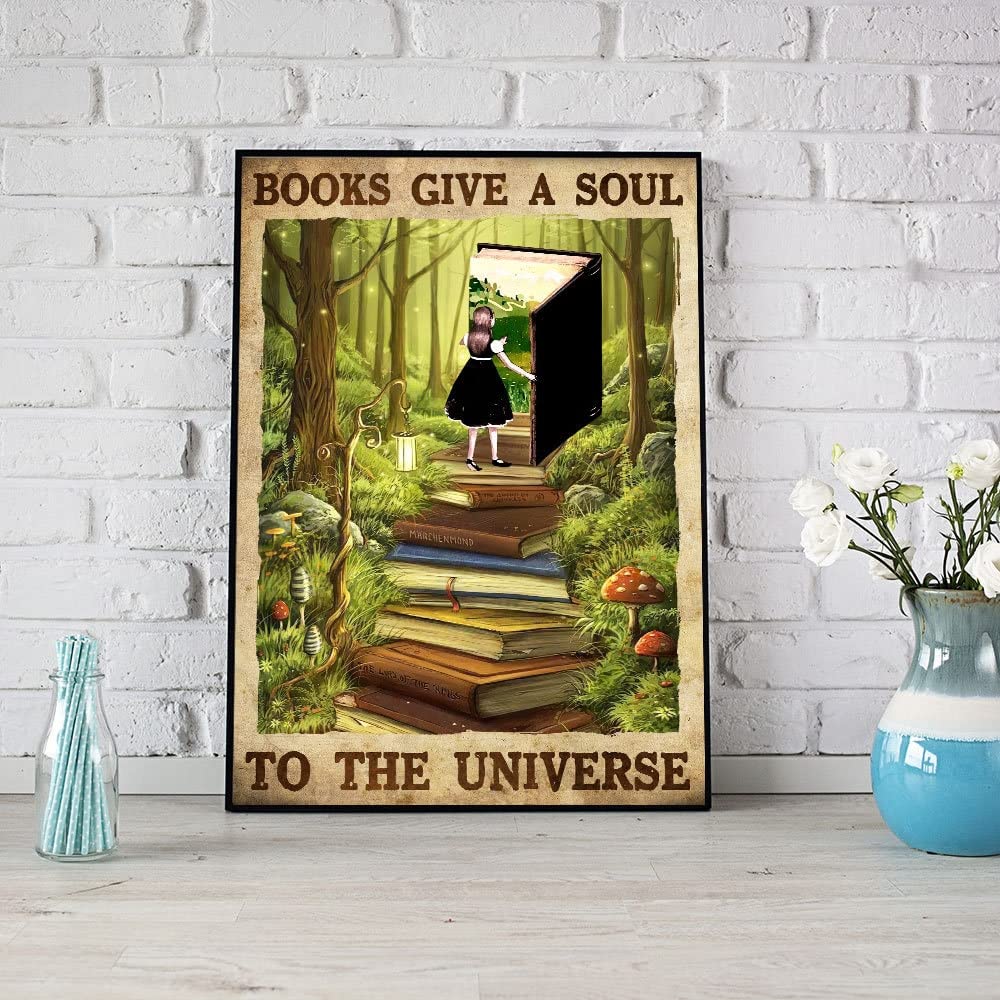 Retro Metal Tin Sign 5.5" x 8" Girl Loves Books Print Books Give A Soul to The Universe Vintage Poster Book Lovers Poster Library Wall Art Decor Bookworm Gift Novelty Decorative Craft