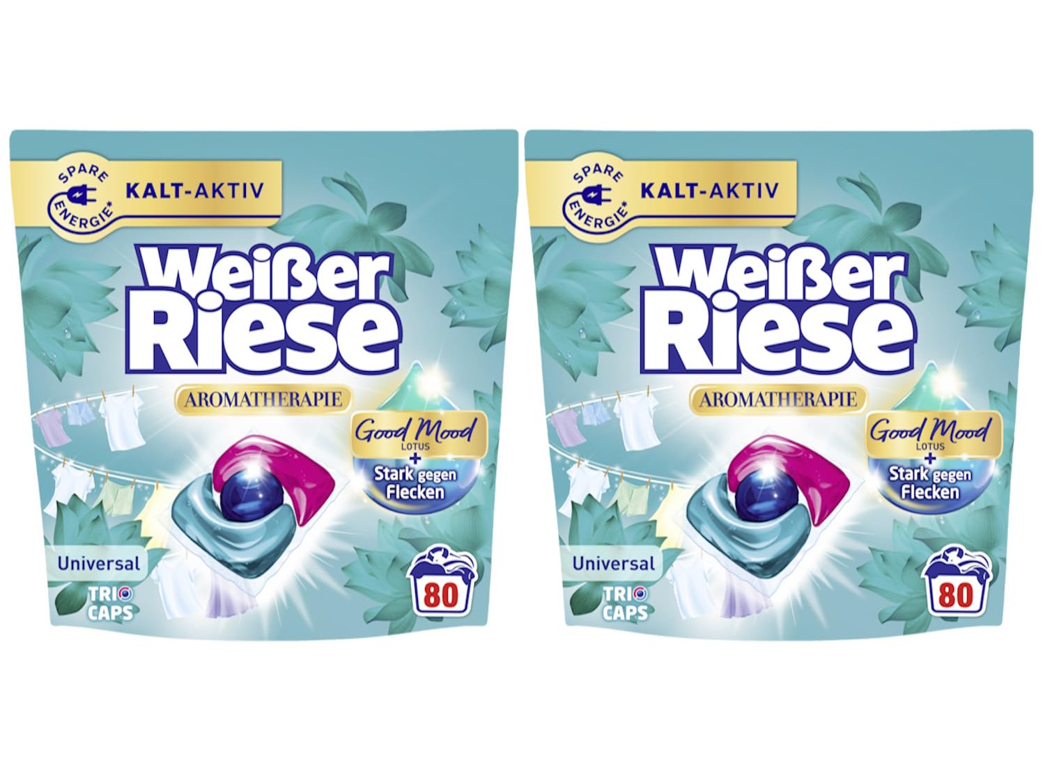 Weißer Riese Universal Trio-Caps Aromaterapia Lotus 2 x 80 WL (160 lavaggi), detersivo con profumo Good Mood per un lavaggio irresistibilmente profumato e luminoso, 100% riciclabile