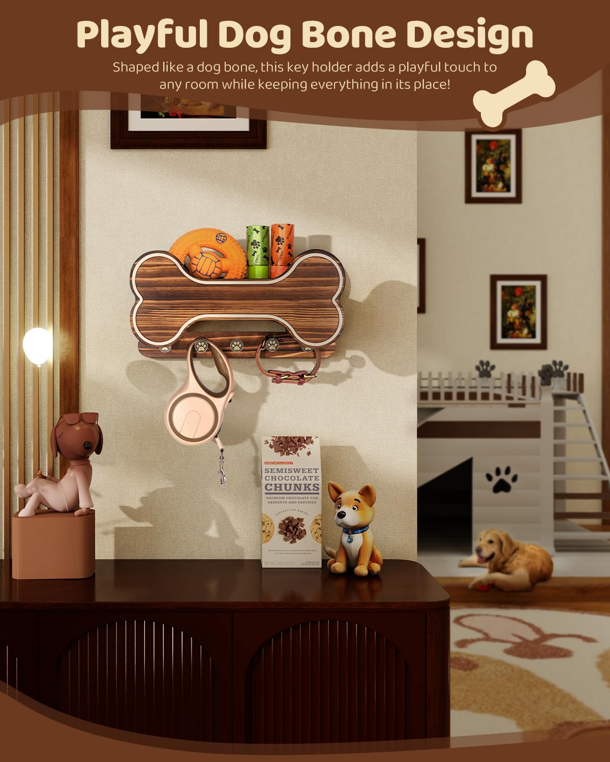 MTERSN Farmhouse Dog Leash Holder for Wall - Dog Stuff Organizer and Doggie Bone Key Holder Wall Mount with 5 Decorative 3D Puppy Paw Hooks & Storage Shelf - Ideal Home Decor (Brown)