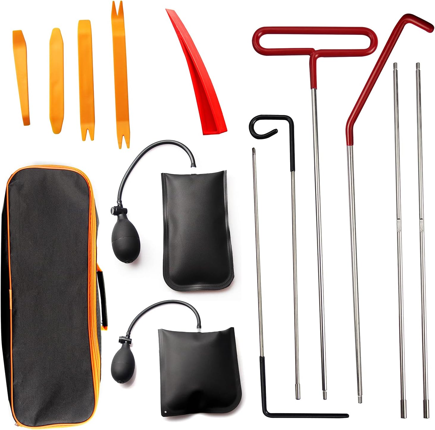 USTAR 13pcs Car Tool Kit with Non Marring Air Wedge Pump Bag, Stainless Steel Long Reach Tools, Removal Tools for Car Trucks Household