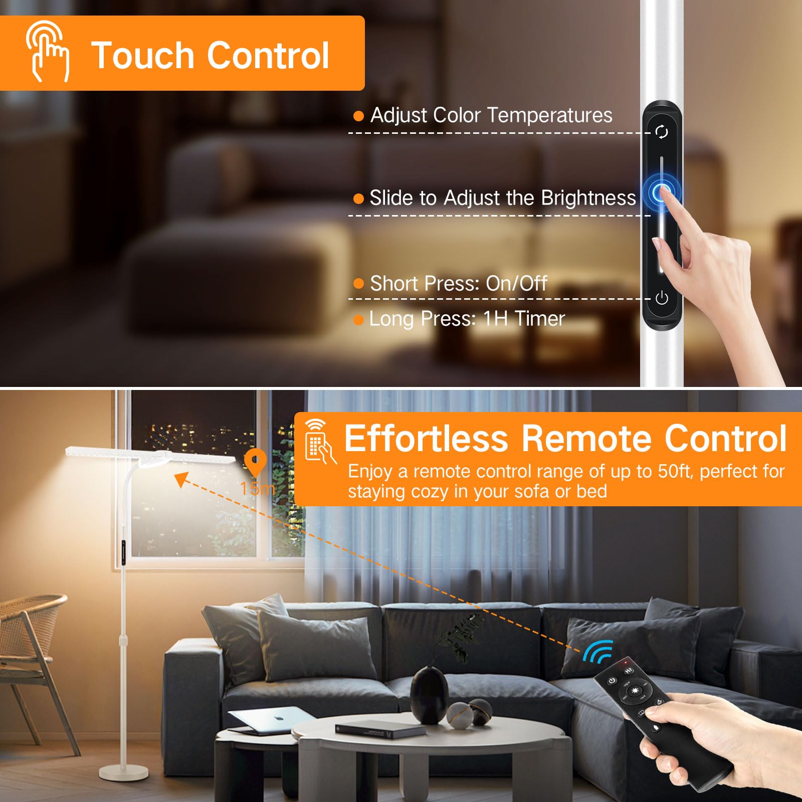 OUTON Lampada da Terra LED Dimmerabile, Controllo Della Temperatura a 4 Colori, Telecomando e Controllo Touch, Soggiorno, Camera da Letto, Ufficio 1 ora Timer, Bianco