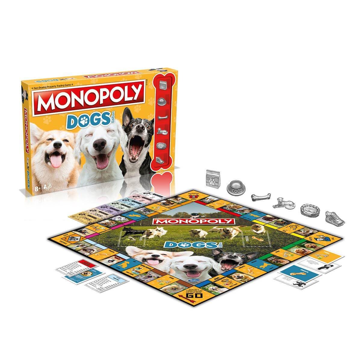 Winning Moves Jeu de société Dog Monopoly, jouez avec vos chiens préférés de Poméranie, Husky de Sibérie et Shiba Inu, 2 à 6 joueurs est un excellent cadeau pour les enfants de 8 ans et plus