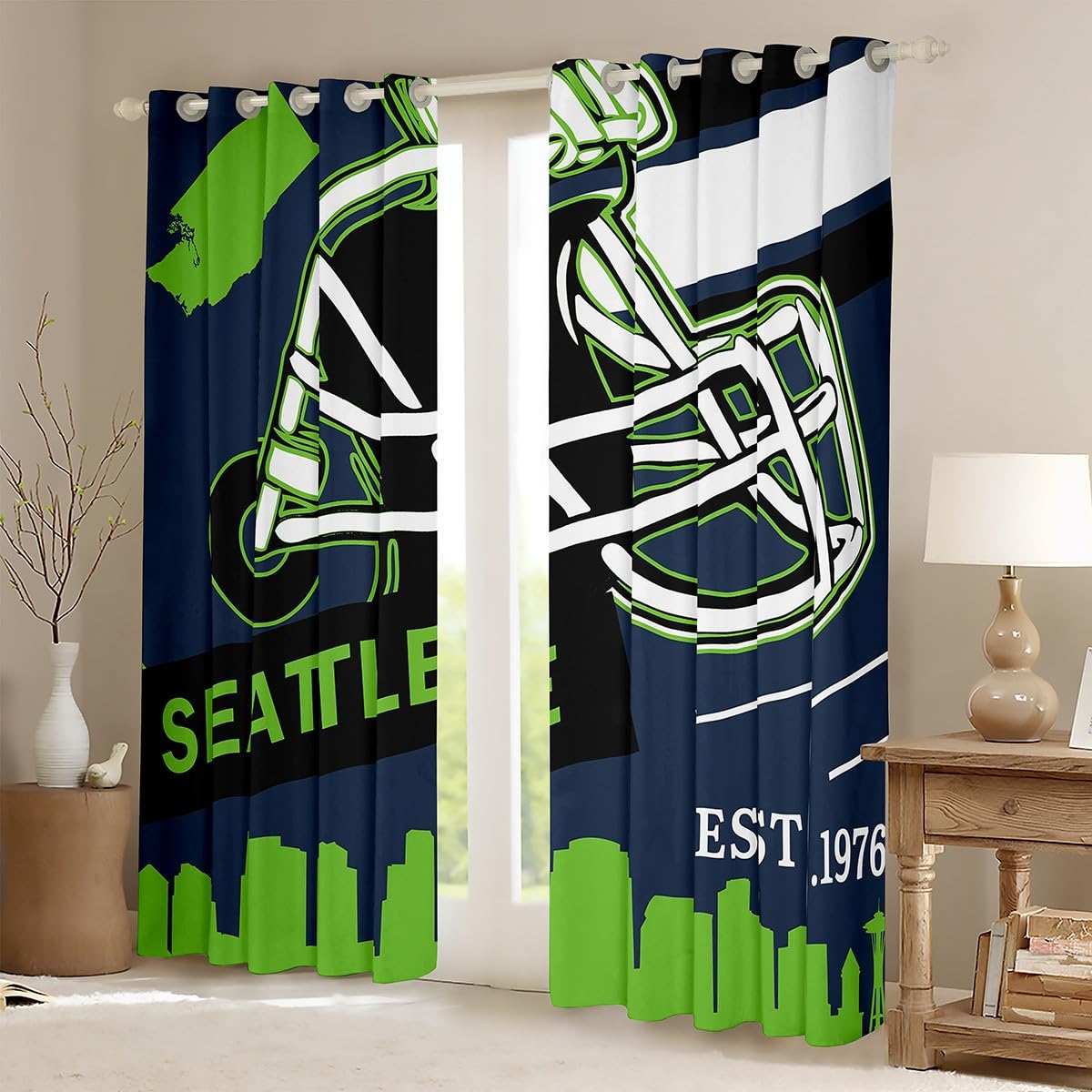 Erosebridal Football City Blackout Curtains, Rugby Helmet with City Map Curtains for Football Fans Gifts, Football City Silhouette Illustration Window Drapes 38''Wx54''L, Navy Green (Seattle)