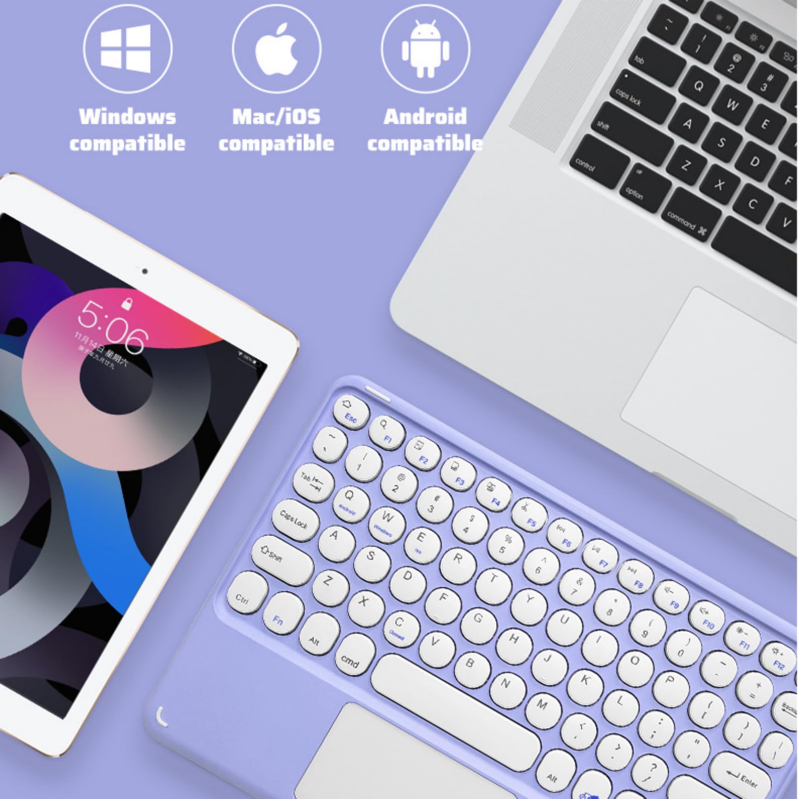 Tastiera wireless Bluetooth, 10 pollici, tastiera portatile ricaricabile con touchpad ultrasottile tastiera Bluetooth per iOS/Android/Windows Tablet, computer e telefono universale (viola)