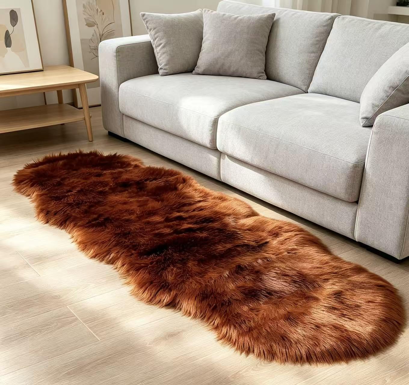 CKLZSAY Kunstfell-Läufer-Teppich, Karamell, 60 x 182 cm, ultraweich, zottelig, flauschig, flauschig, dekorativer Stuhlbezug, Bodenmatte für Schlafzimmer, Sofa, Wohnzimmer, Nachttisch