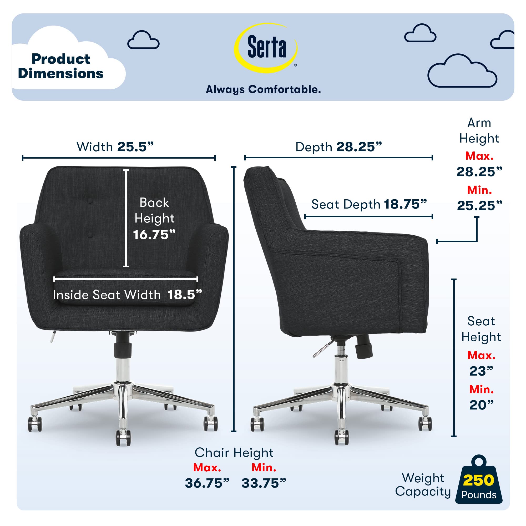 Serta Ashland Home Office Desk Chair with Button Tufted Mid-Back, Memory Foam Cushion and Padded Arms, Mid Century Modern Vanity Armchair with Wheels for Bedroom, Chrome Metal Base, Charcoal Gray