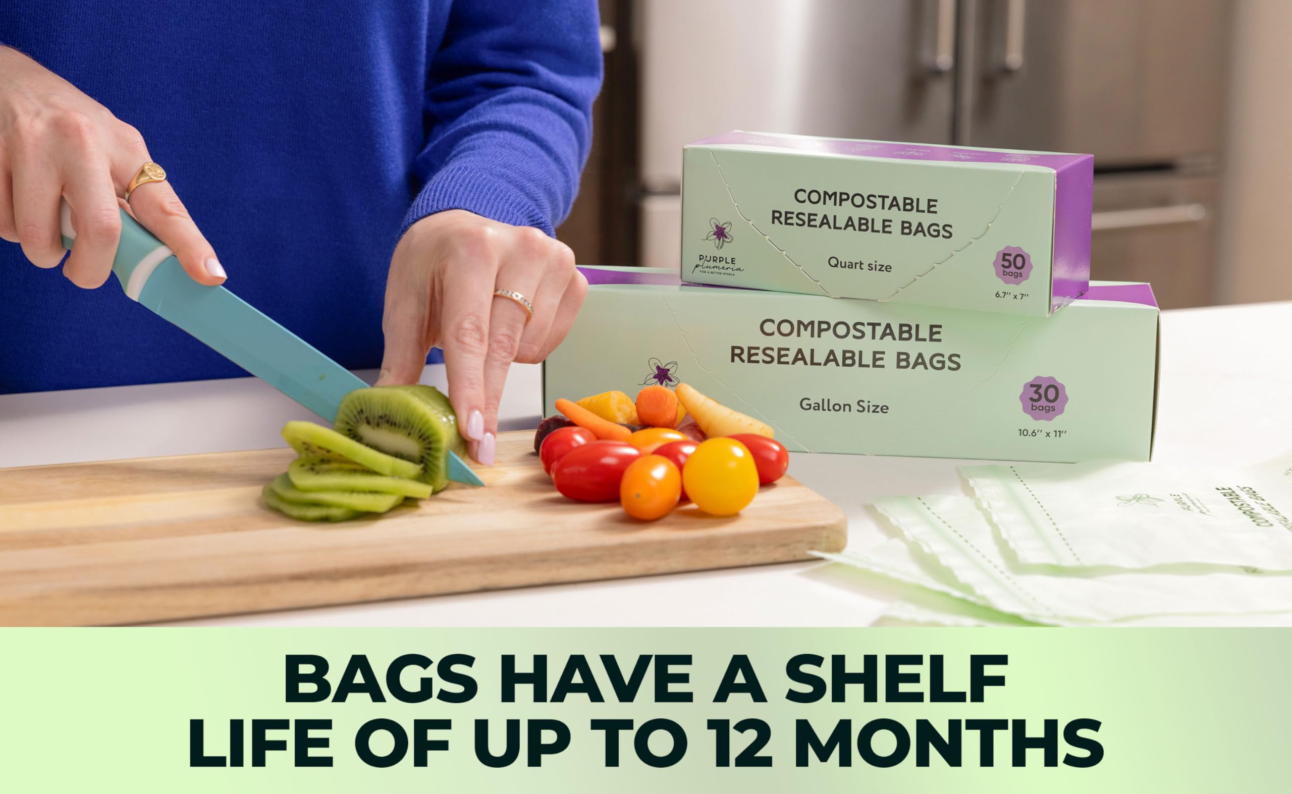 Bolsa con cremallera 100% compostable, a base biológica resellable, ecológica, segura para congelador, bolsas extra fuertes, bolsas de almacenamiento de alimentos, bolsas reutilizables a base de