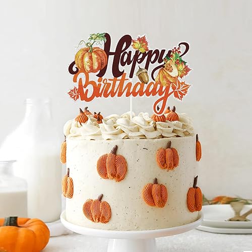 Miniatura 3 de Decoración de pastel de calabaza, hojas de arce de otoño y otoño, decoración de pastel de feliz cumpleaños, suministros de fiesta de cumpleaños con