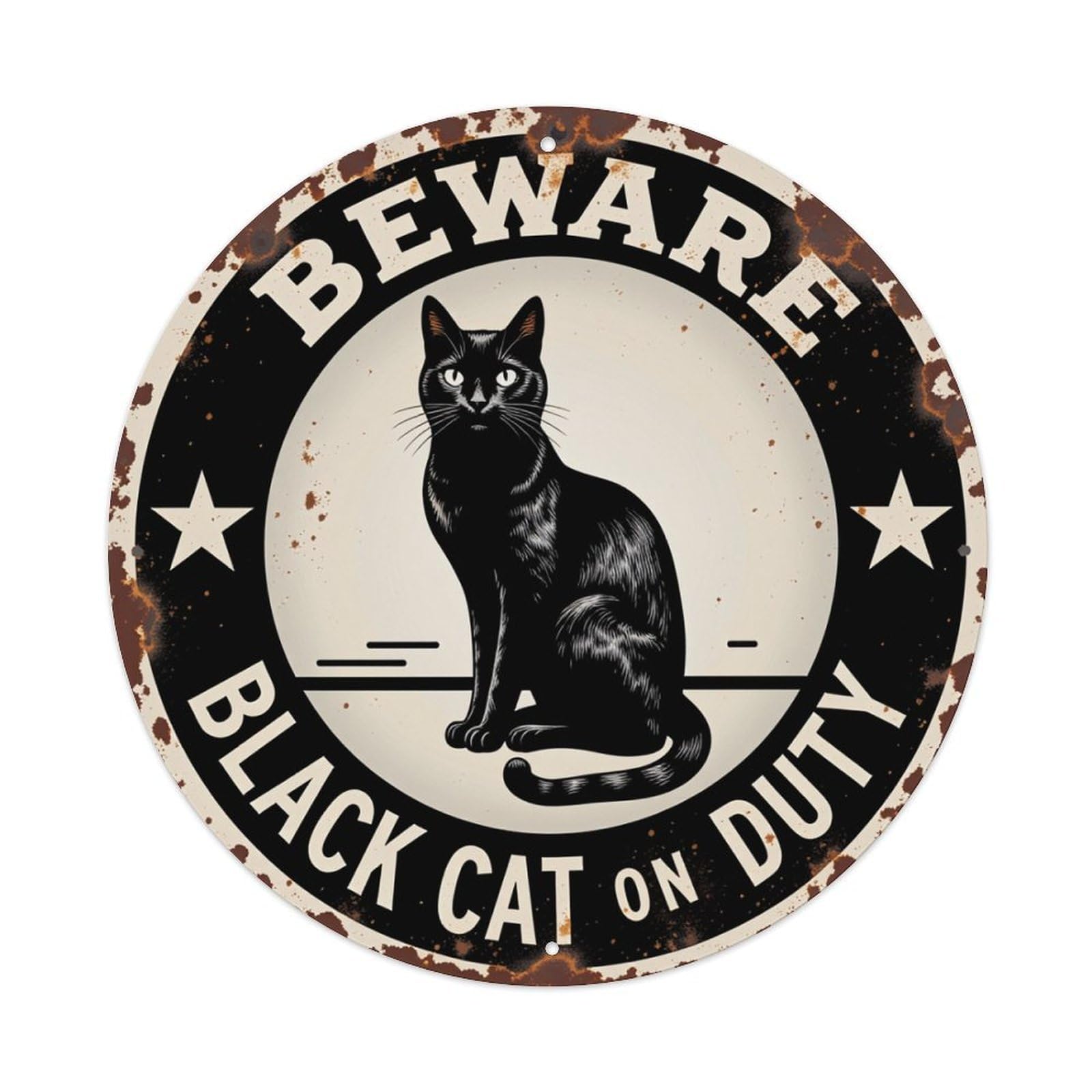 Beware Black Cat On Duty Round Tin Sign Retro Metal Sign for Cafe Bar Pub Home Game Room Gym Club Wall Decoration Vintage Metal Poster 8x8 Inch