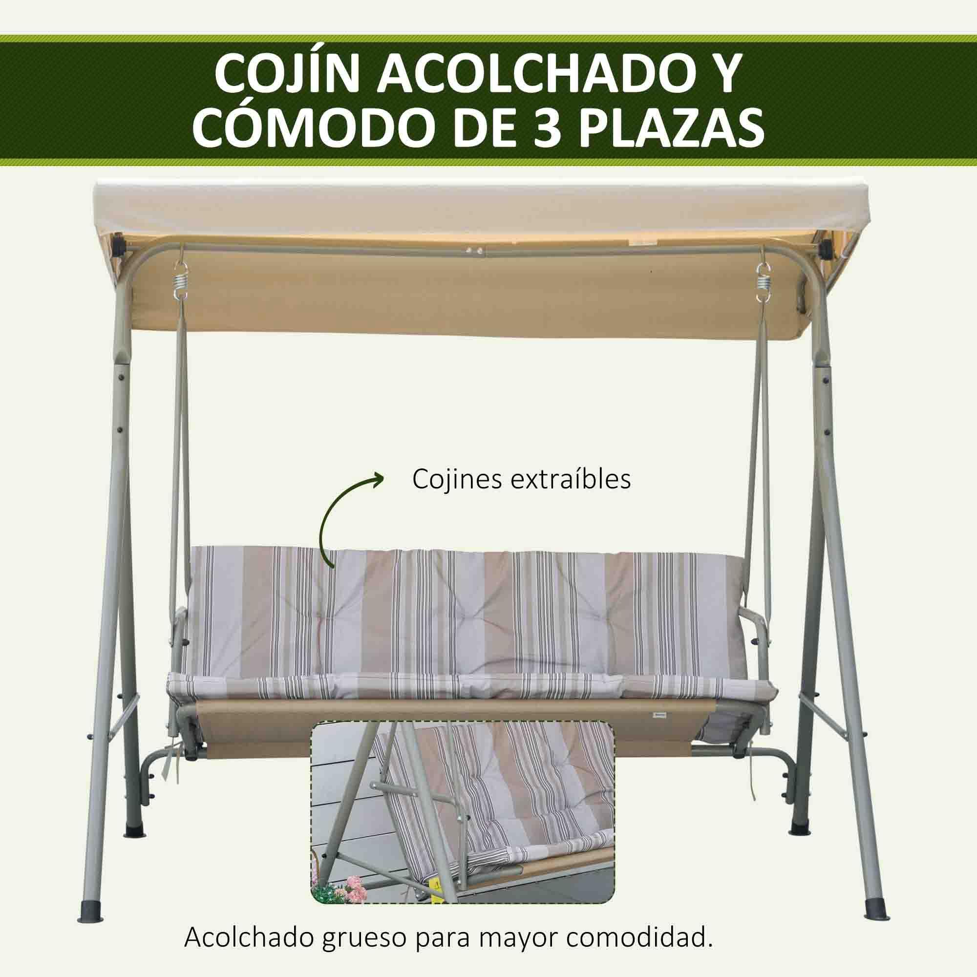 Outsunny Columpio de Jardín Exterior de 3 Plazas, Balancín de Jardín Exterior con Techo Ajustable y Marco de Acero, para Balcón, Terraza, Patio, Carga 210 kg, 172x110x156 cm, Marrón Claro
