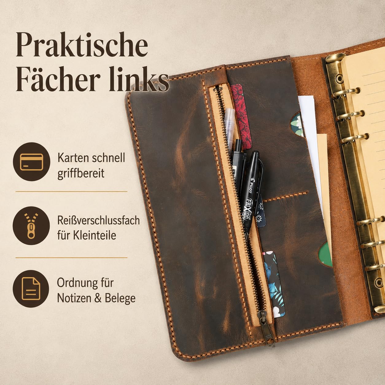 A5 Leder Organizer mit 6-Ring-Mechanik, nachfüllbares Reisetagebuch aus Vollnarben-Büffelleder, handgenähter Vintage Journal Binder mit 80 Blatt liniertem Papier, PVC-Hüllen, Kartenfächern und Reißver