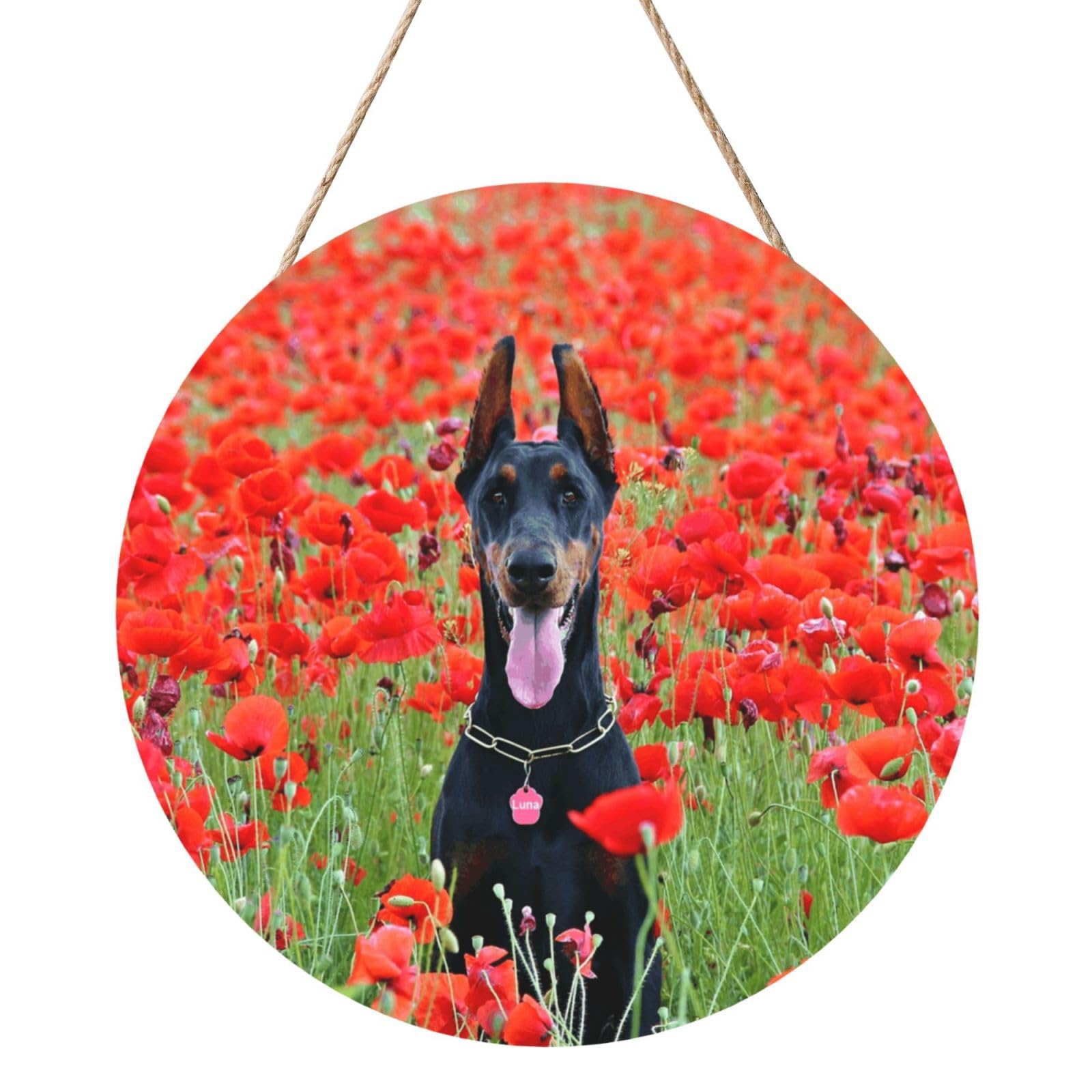 InOmak Doberman Pinscher In The Flower, Round Wood Panel Painting 12 in, Wall Hanging Painting For Home