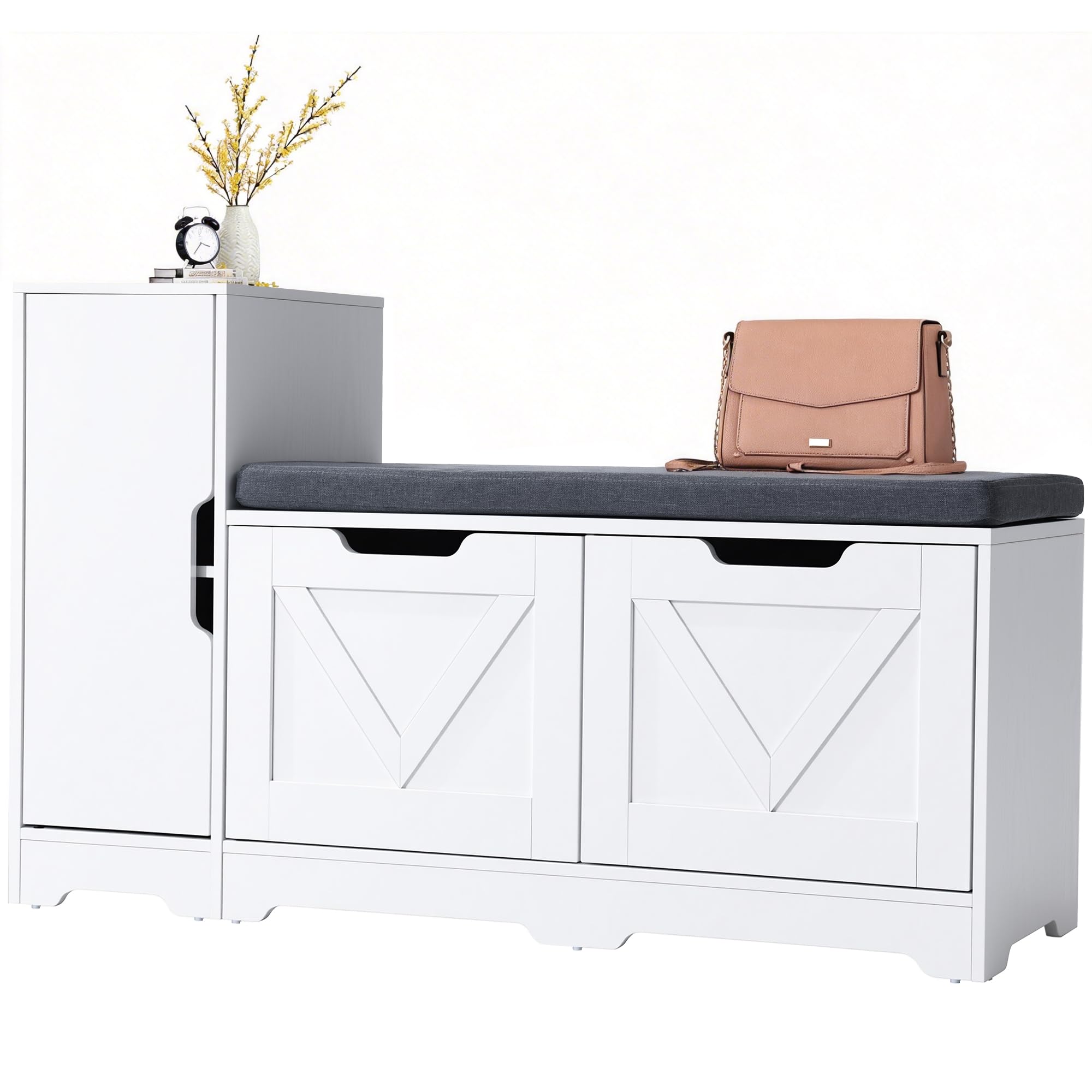 YITAHOME Panca Scarpiera da Ingresso, Scarpiera Ingresso con Sedia Rimborsata e Cuscino, Doppia Porta scarpieras di Stoccaggio con Armadi Laterali, Panca Portascarpe, 105 x 37 x 65,5 cm, Bianco