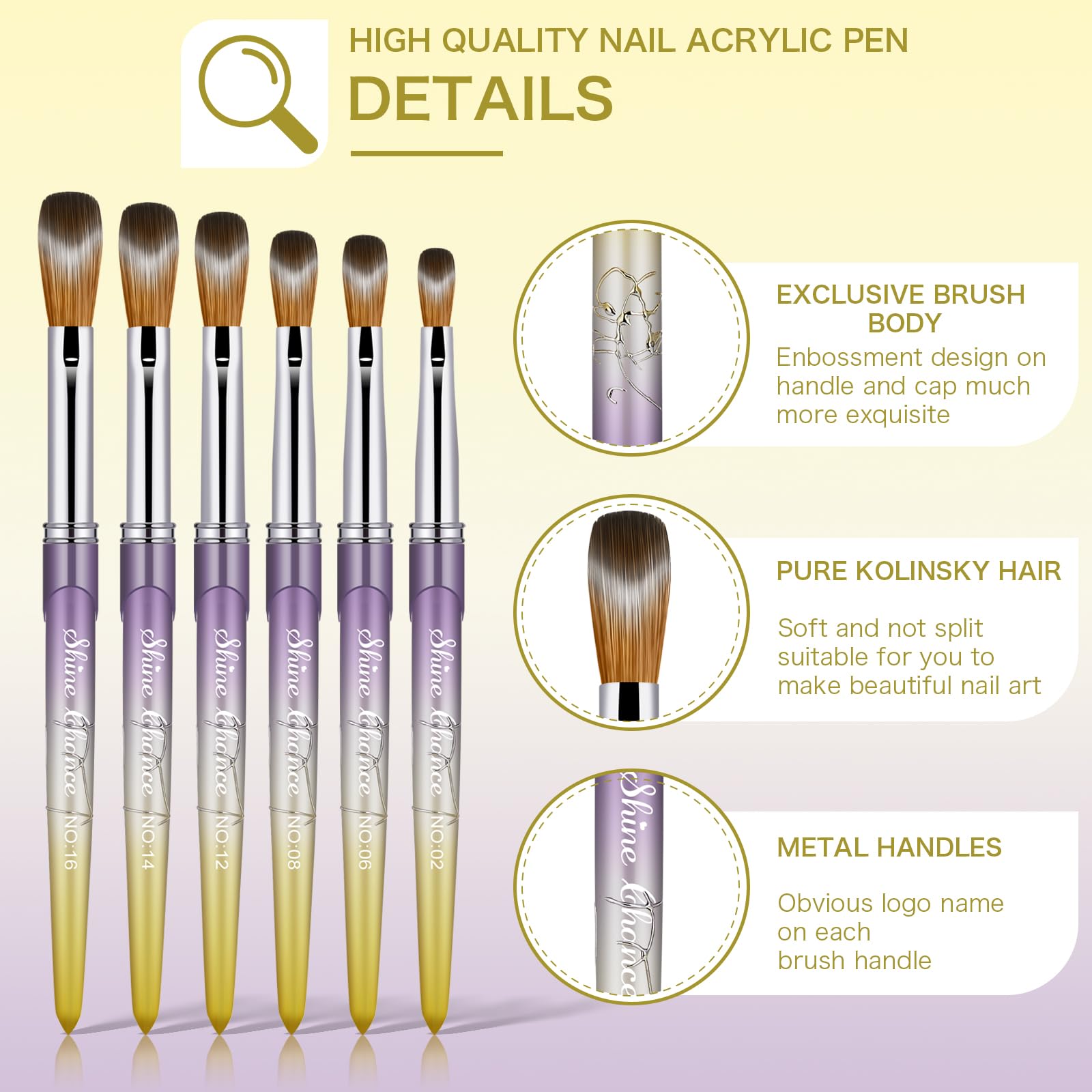 Kolinsky - Set di 6 pennelli acrilici per nail art, design artistico e lucidante, strumenti per manicure da donna, per applicazione acrilica (misura 2, 6, 8, 12, 14, 16)