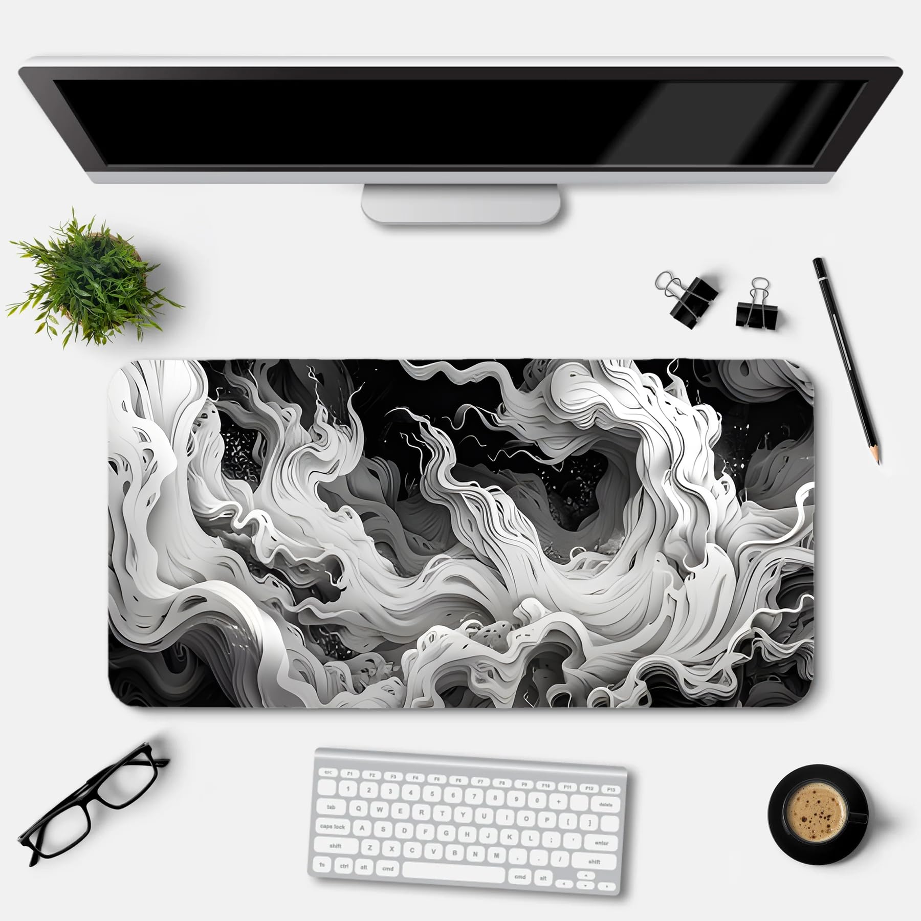 Topographic Pattern Desk Mouse Pad, Large Extended Size, White and Black Design. (DS 10)-image-22