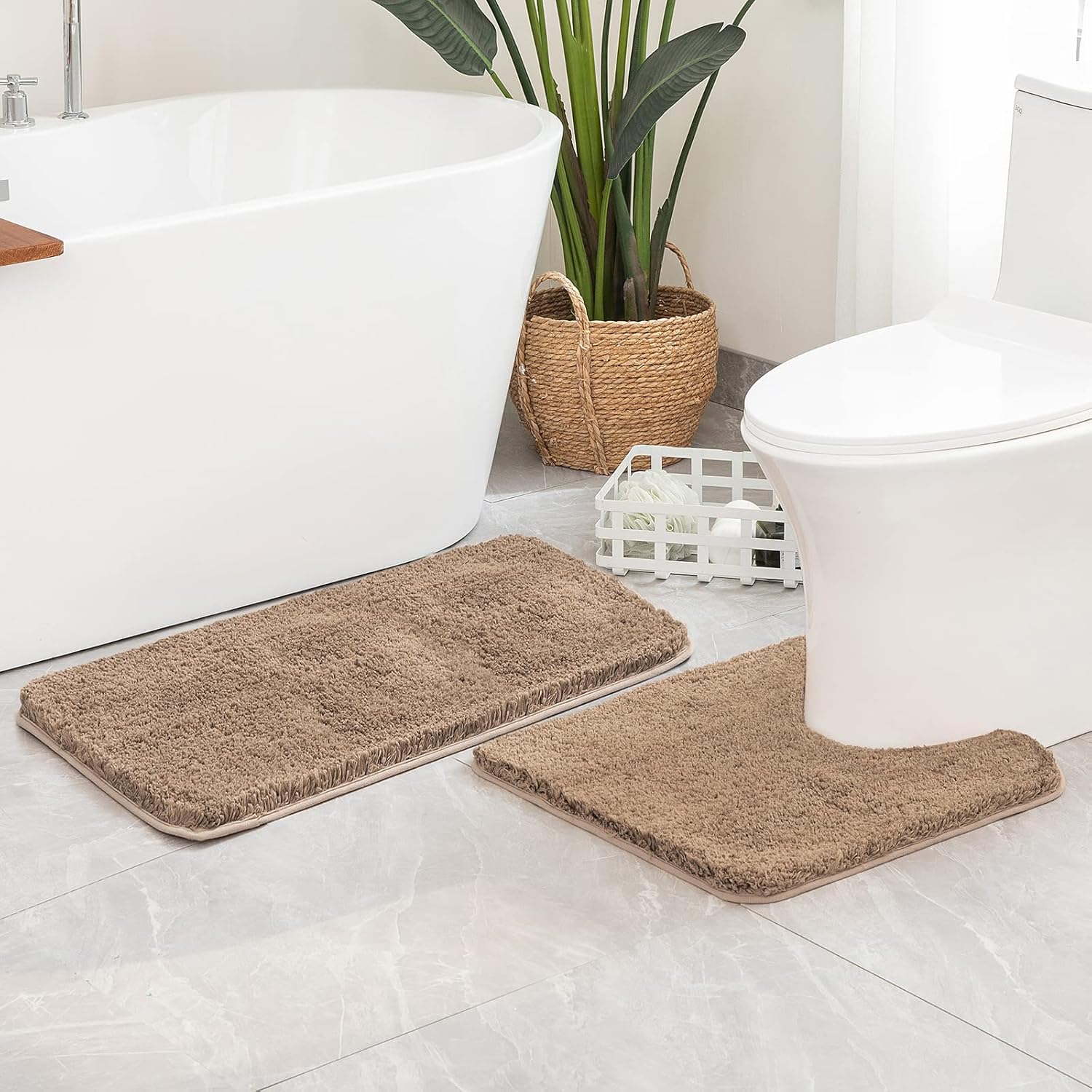 MIULEE Light Brown Bathroom Rugs Set 2 Piece, Soft Absorbent Microfiber Bath Mat and U-Shaped Contour Toilet Rug, Non Slip Quick Dry Washable Plush Shaggy Bath Rugs for Bathroom，20"x20"+20"x30" - Image 6