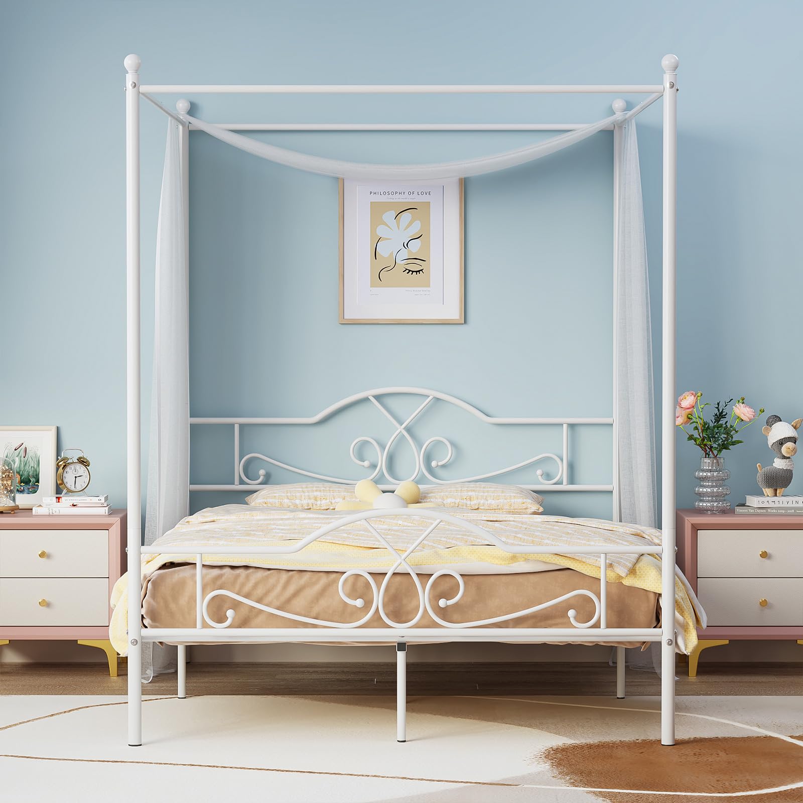 Weehom Canopy Bed Frame Full Size with Headboard and Footboard Metal Four Posters Curtains Design Mattress Foundation Bed Platform Underbed Storage Space No Box Spring Needed, White