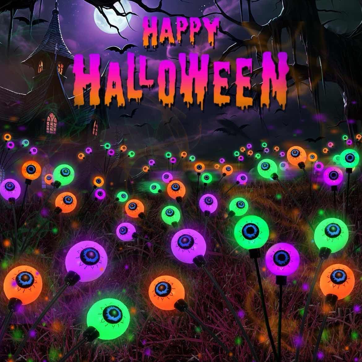 6 Pack Halloween Decorations Outdoor Solar Eyeball Lights, Purple Orange and Green Scary Eyeball Swaying Firefly Lights with 2 Modes, Waterproof Halloween Pathway Lights for Yard Garden Party Decor