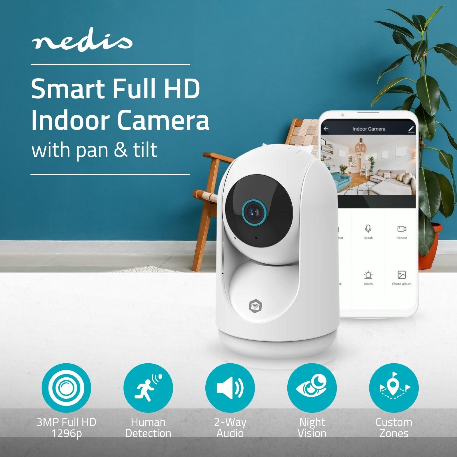 Nedis WIFICI23CWT | Telecamera Wi‑Fi smart da interno con rotazione Pan Tilt | 3MP HD | Visione notturna | Rilevamento movimento | Audio bidirezionale | Bianca
