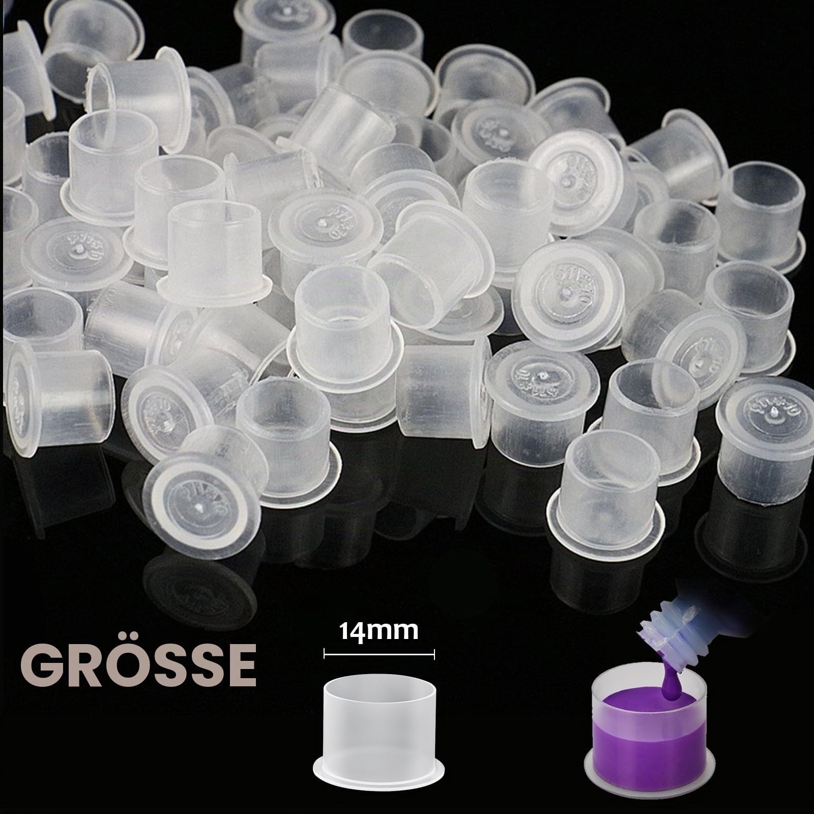 Emalla 1000 Stück Tattoo Farbkappen Cups #14 Ink Cups mit Base Einweg Pigment Caps Klein Kunststoff Farbbehälter für Tattoo Zubehör