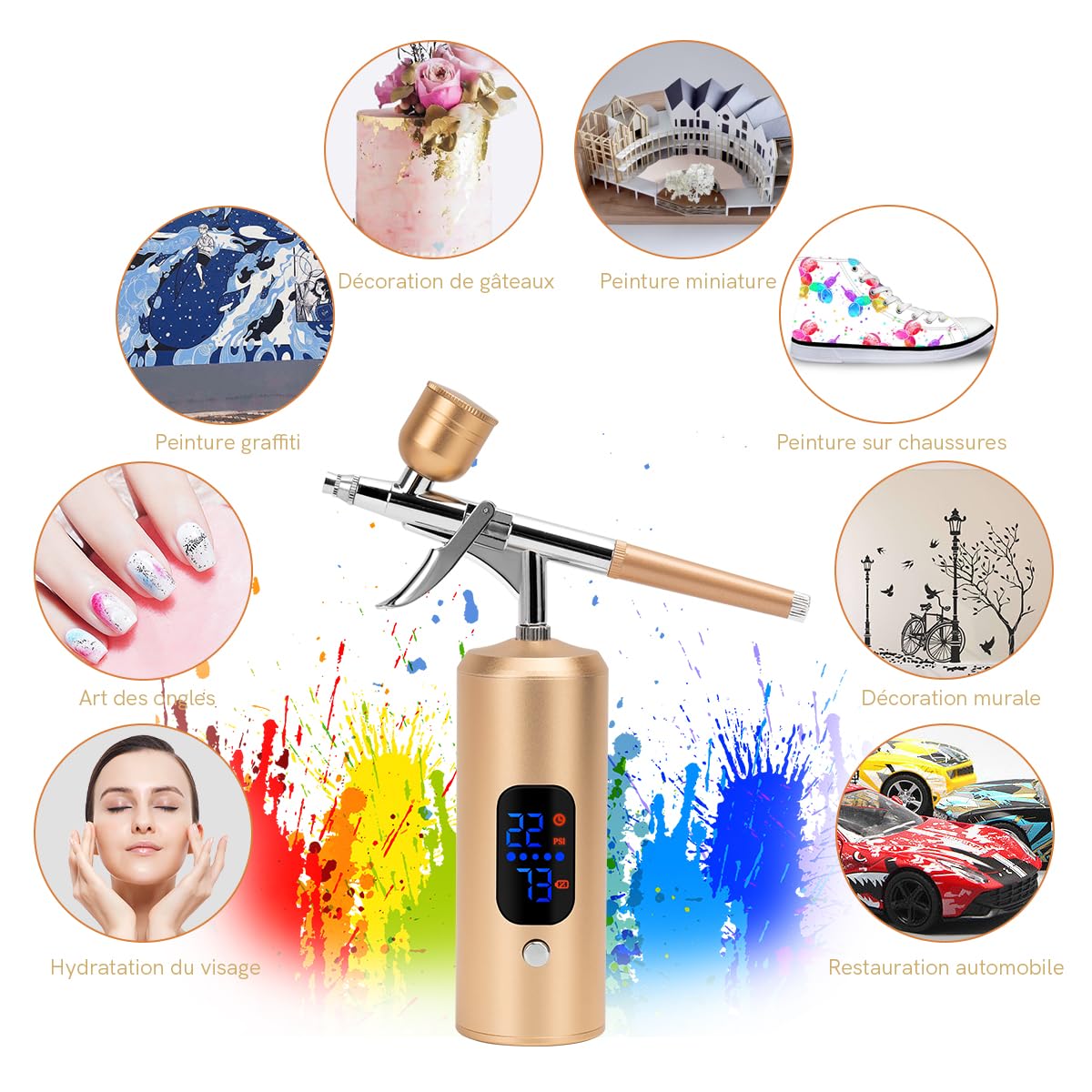 Kit Aerógrafo Inalámbrico 38PSI Ajustable con Compresor, Recargable, Pantalla LCD, Manguera Extensión, Ideal para Peinado, Nail Art, Decoración Pasteles, Maquillaje (38 PSI - Oro Champán)