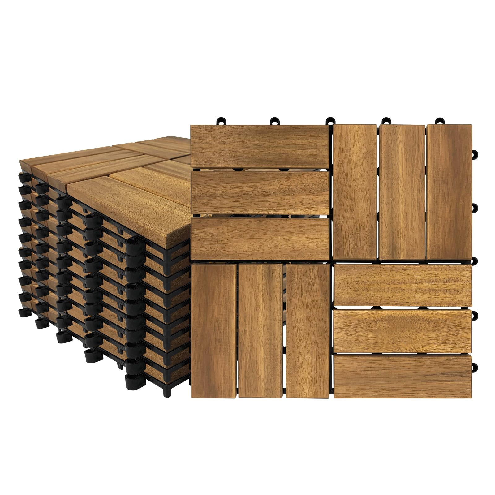 HENGMEI Acacia Wood Interlocking Patio Deck Tiles Set Wooden Balcony Tiles 30 x 30 cm with Click System Patio Tiles with Drainage (Model B, 55 PCS)