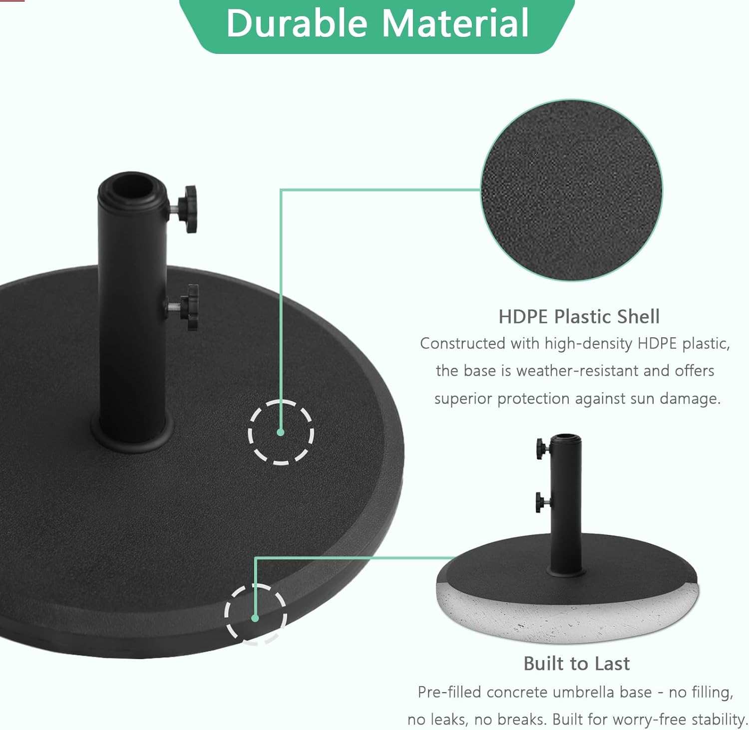 Helios&Hestia 29 lb Round Plastic Built-in Cement Outdoor Umbrella Base, Heavy Duty Concrete Stand Weight for Patio Market Table Umbrella, Black