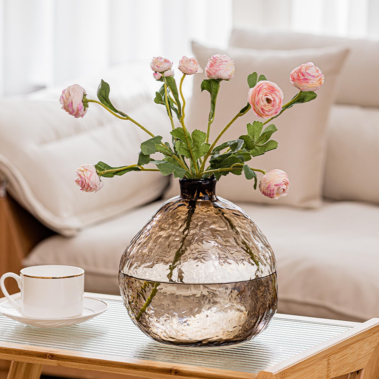 Round Hammered Glass Vase for Flowers, Crystal Flower Vase Irregular Shape for Living Room Dining Table Wedding Decor Center Pieces