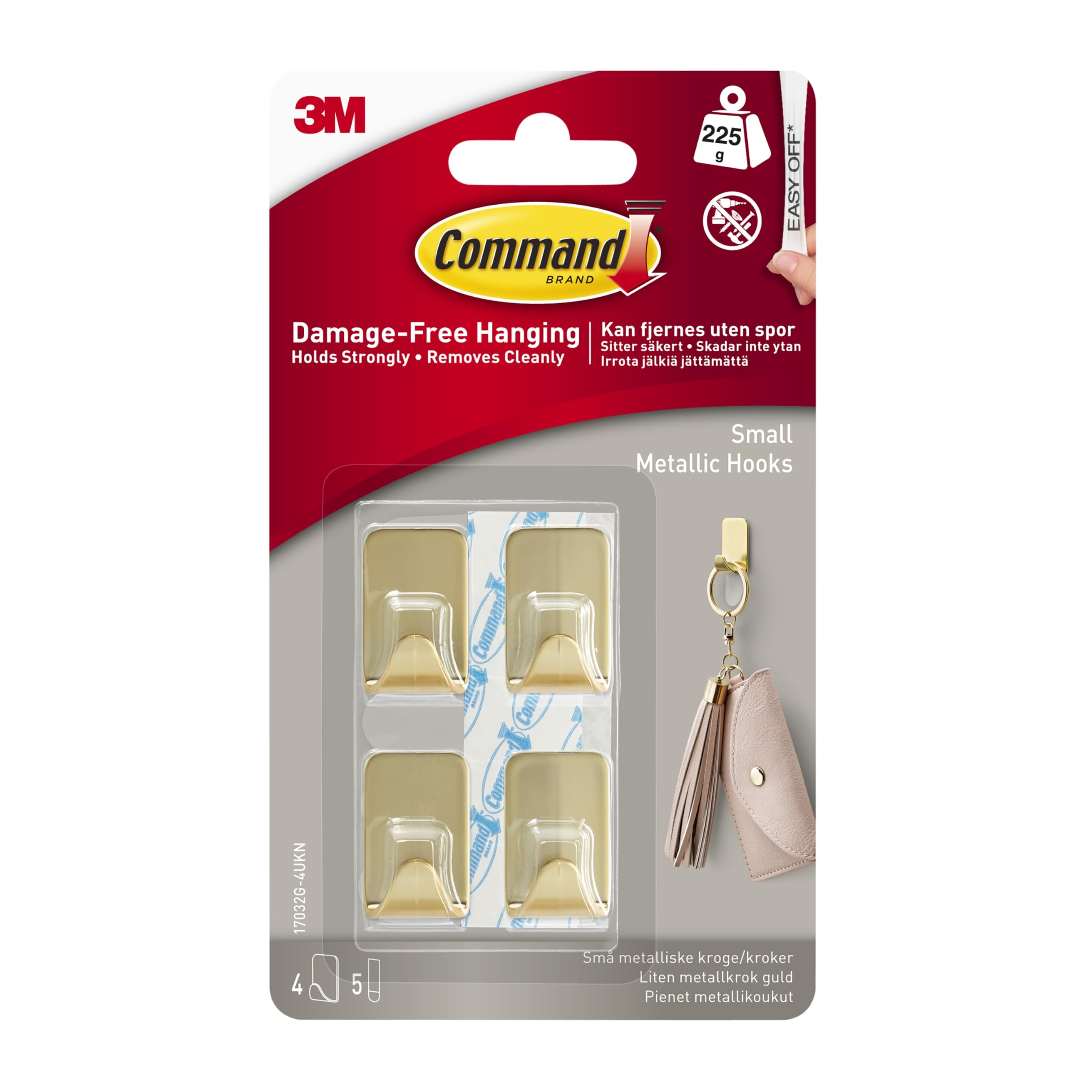 Command Small Metallic Hook, Gold Colour - 4 Hooks, 5 Adhesive Strips - Indoor use - Damage Free Hanging