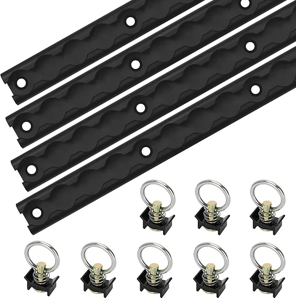 LAJIAOZ L Track Tie Down System – 4PCS 2FT Black Aluminum L-Track Rails with 8PCS Single Stud O-Ring Fittings, Heavy Duty Cargo Tie Down Kit for Trailer, Truck Bed, Van, Utility Vehicles