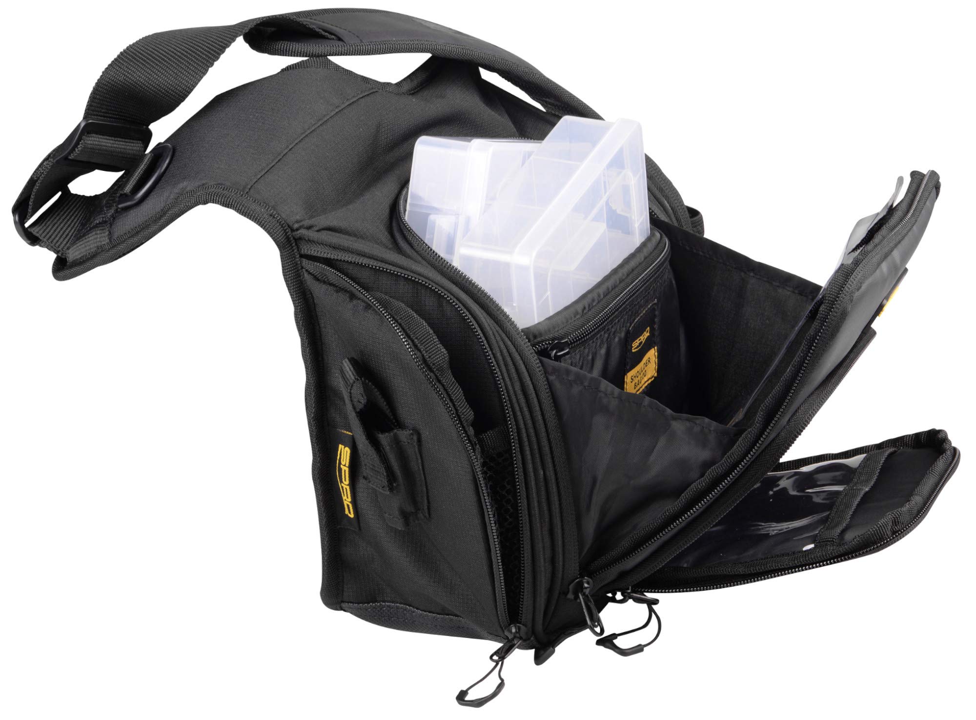 Spro Predator Shoulder Bag 25 x 11 x 27 cm – Sac à leurres artificiel pour pêche au lancer, sac à bandoulière pour la pêche de rue, sac de pêche pour poissons prédateurs, sac à lancer, Noir ,