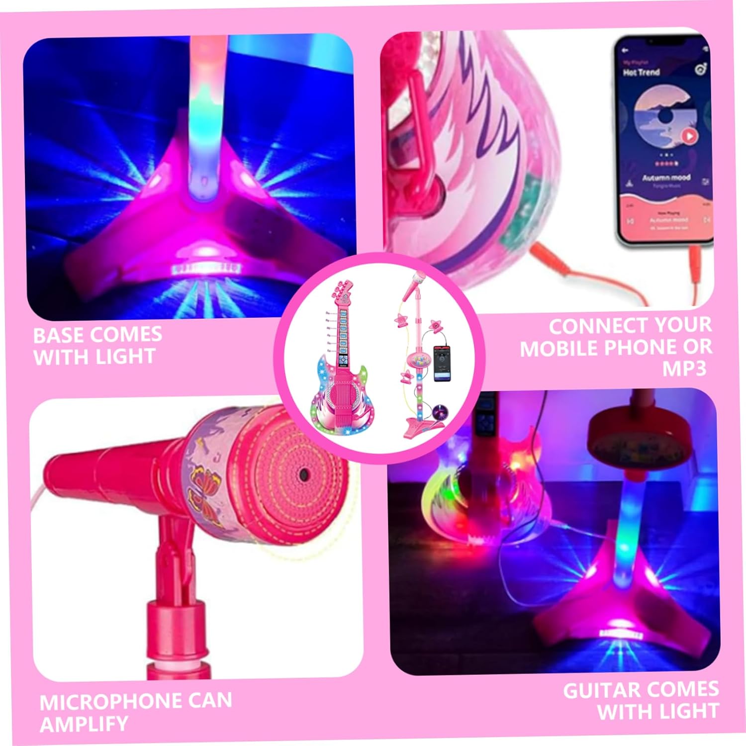 Guitar and Microphone for Kids, Toy Guitar with Music & Light, Adjustable Height 2 in 1 Kids Microphone with Stand, Learning Toy Instruments