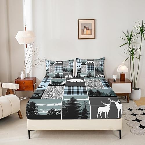 Miniatura 264 de Sábana bajera ajustable de oso de caza, juego de ropa de cama a cuadros de búfalo, sábanas de retazos de cabaña rústica para niños, niños, Multi